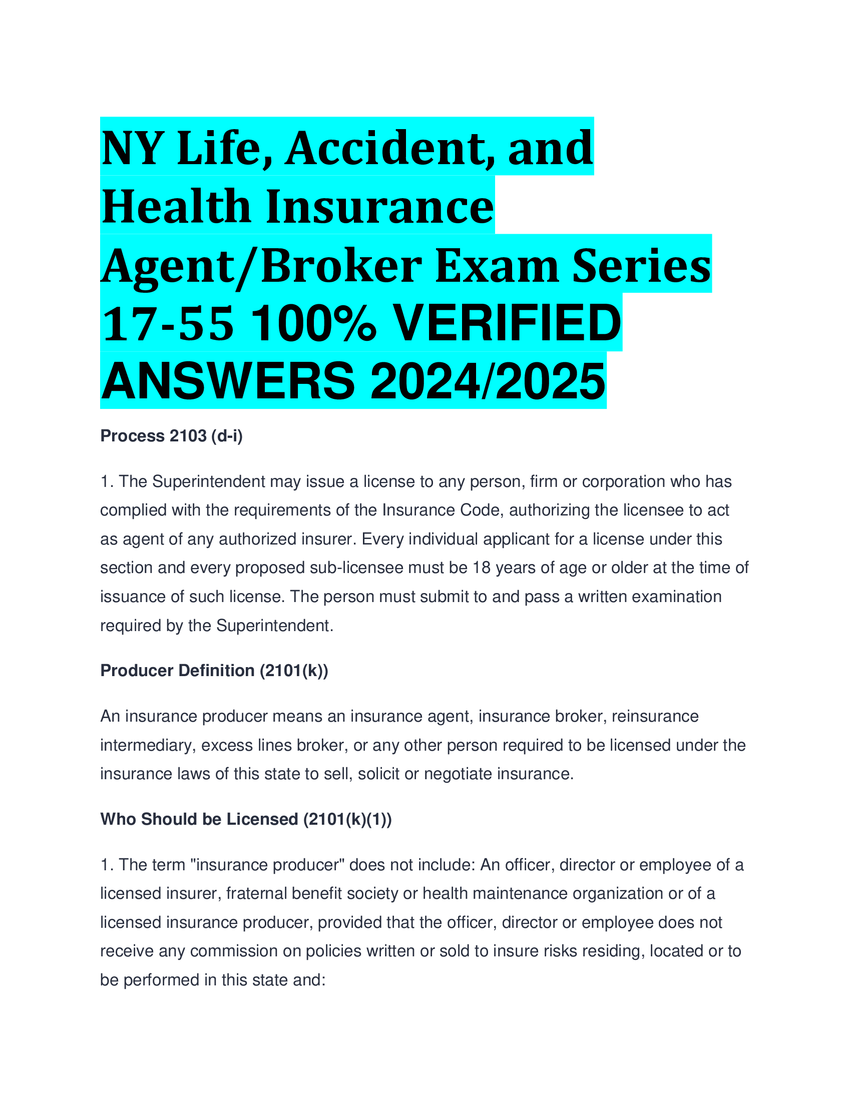 NY Life, Accident, and Health Insurance Agent/Broker Exam Series 17-55 VERIFIED  ANSWERS 20242026