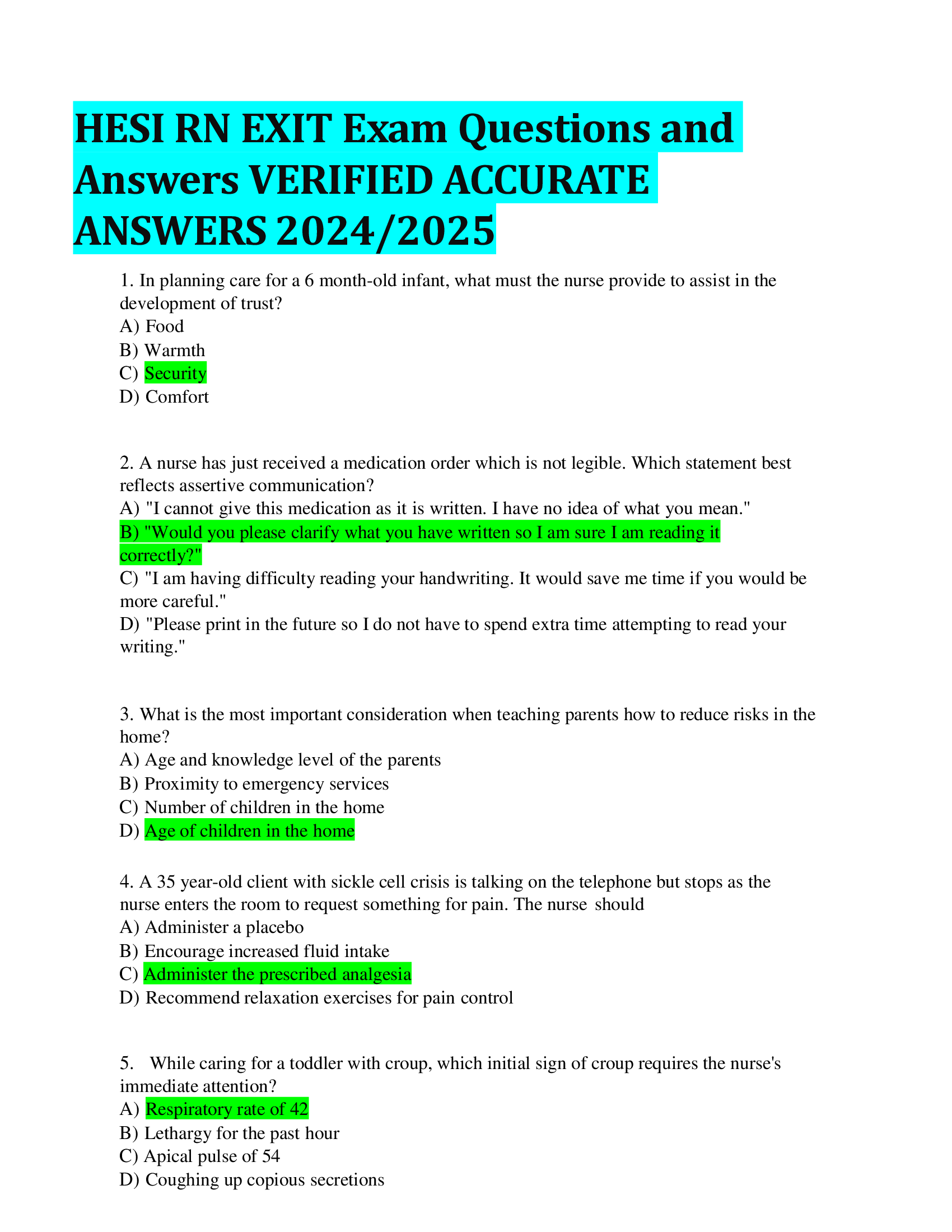 HESI RN EXIT Exam Questions and Answers VERIFIED ACCURATE  ANSWERS 20242026