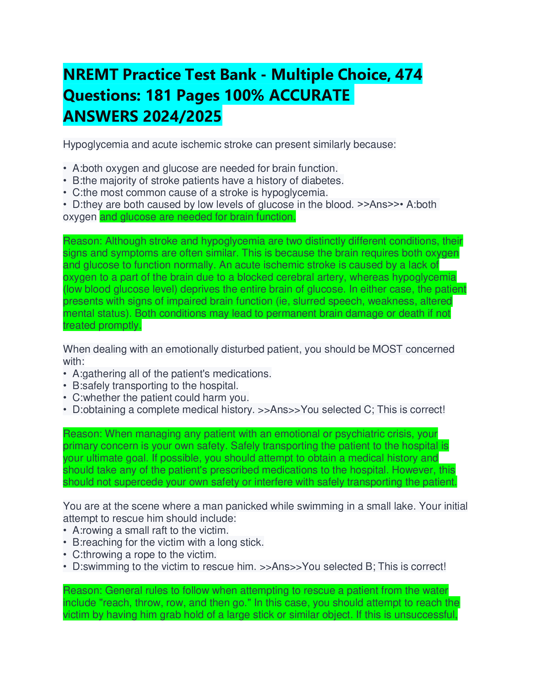 NREMT Practice Test Bank - Multiple Choice, 474 Questions: 181 Pages ACCURATE  ANSWERS 20242026