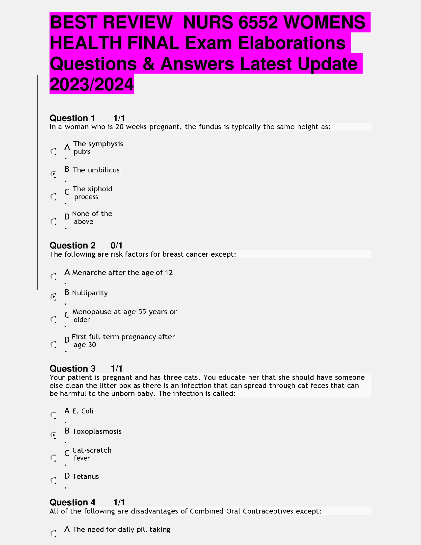BEST REVIEW NURS 6552 WOMENS  HEALTH FINAL Exam Elaborations  Questions & Answers Latest Update  2023, 2024