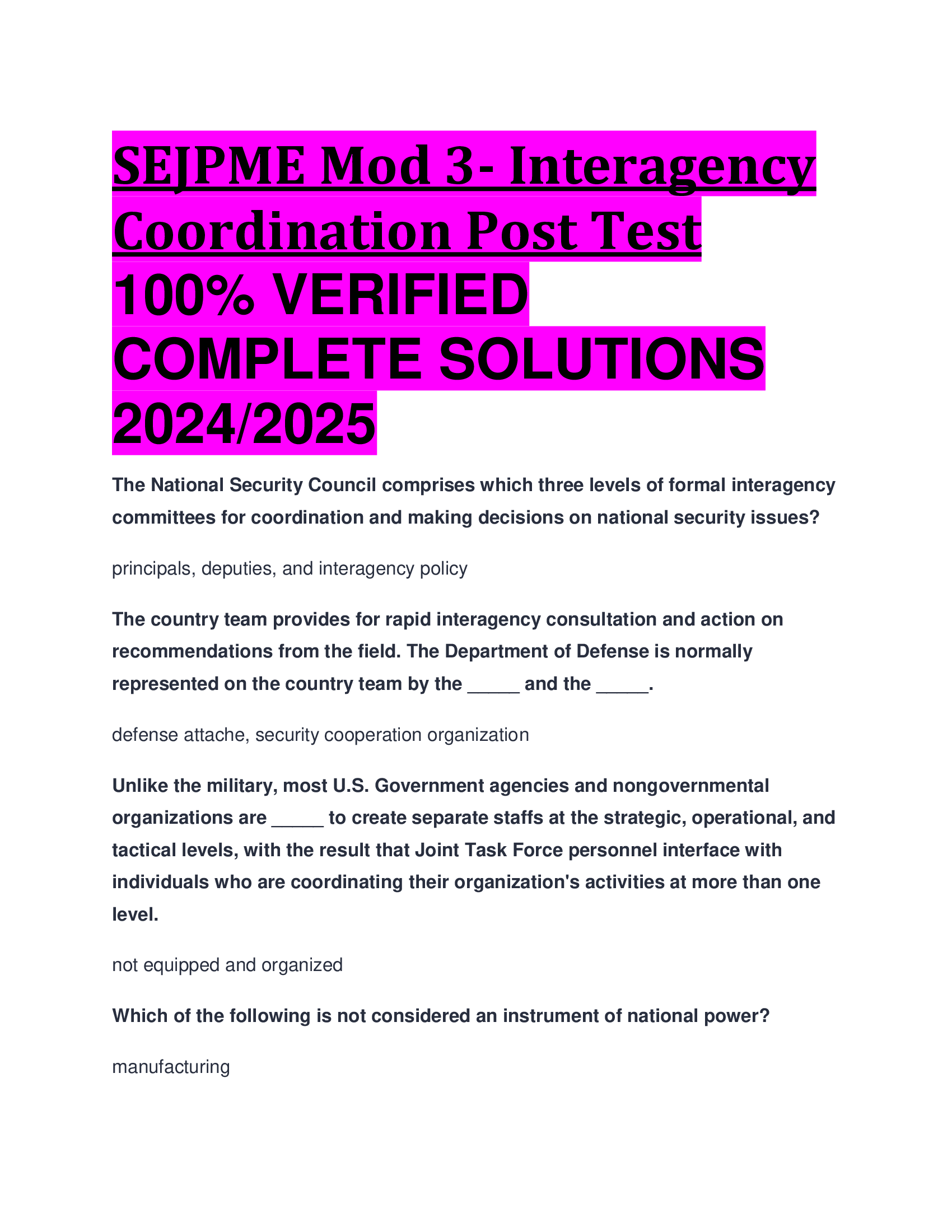 SEJPME Mod 3- Interagency Coordination Post Test VERIFIED  COMPLETE SOLUTIONS  2024, 2026