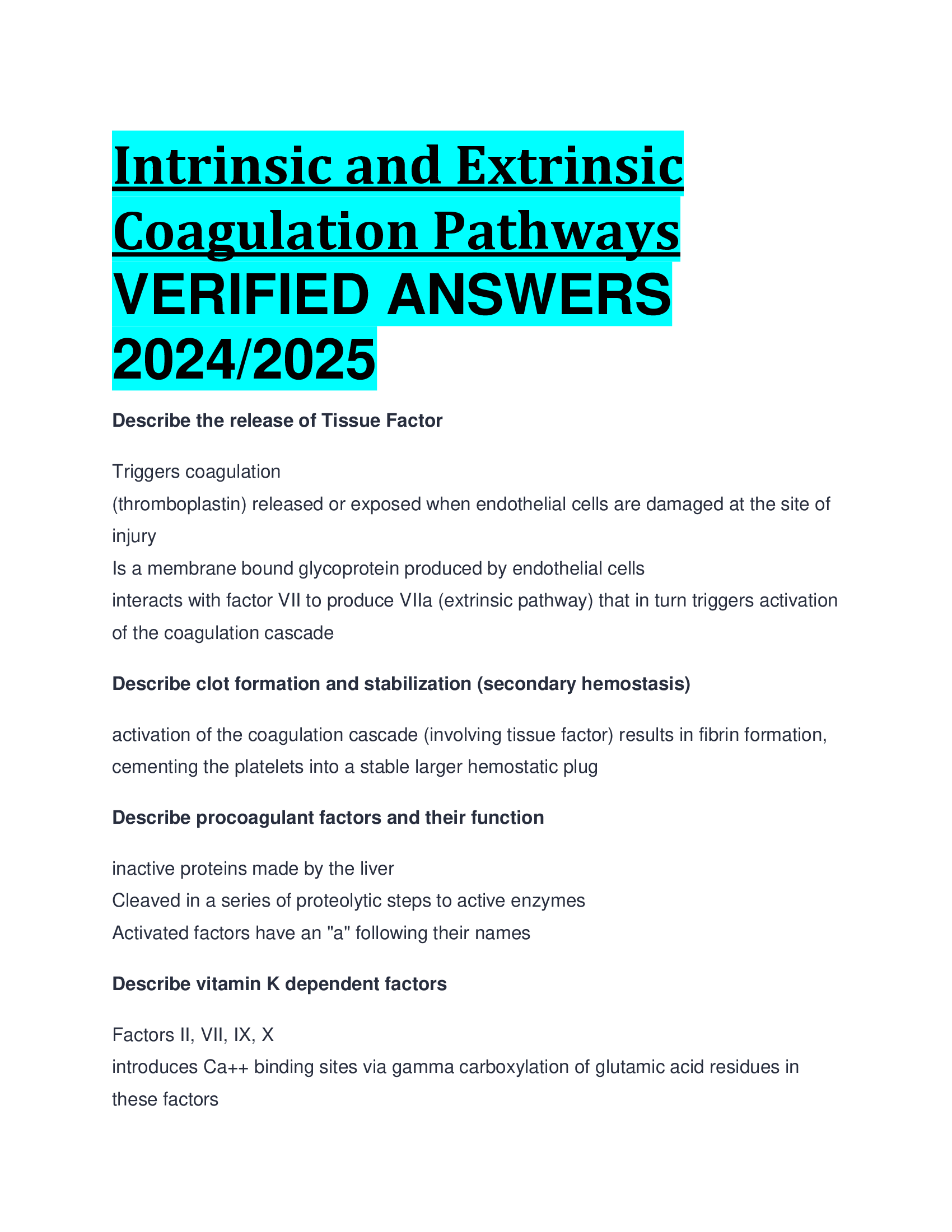 Intrinsic and Extrinsic Coagulation Pathways Verified Answers 2025/2026