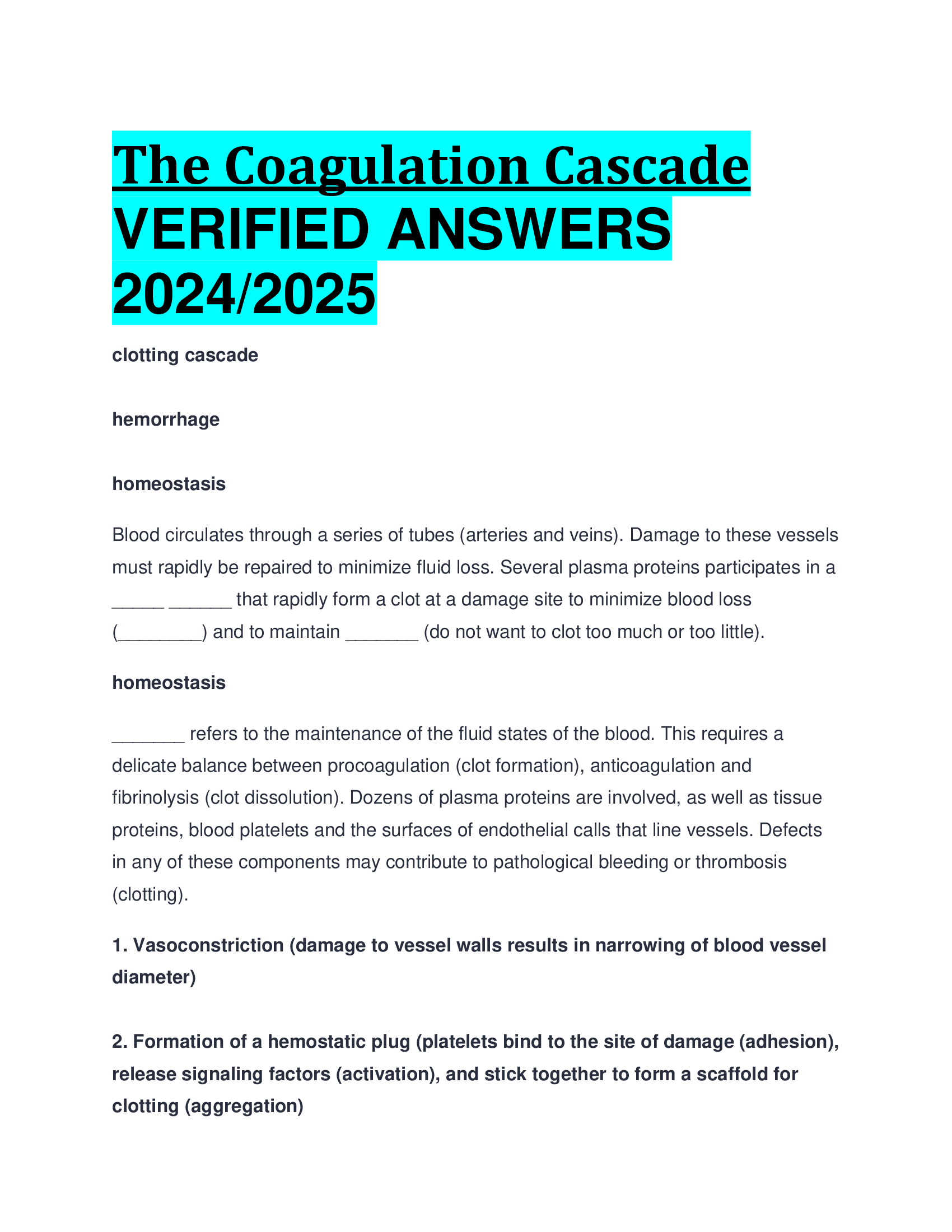 The Coagulation Cascade VERIFIED ANSWERS  2024,2026