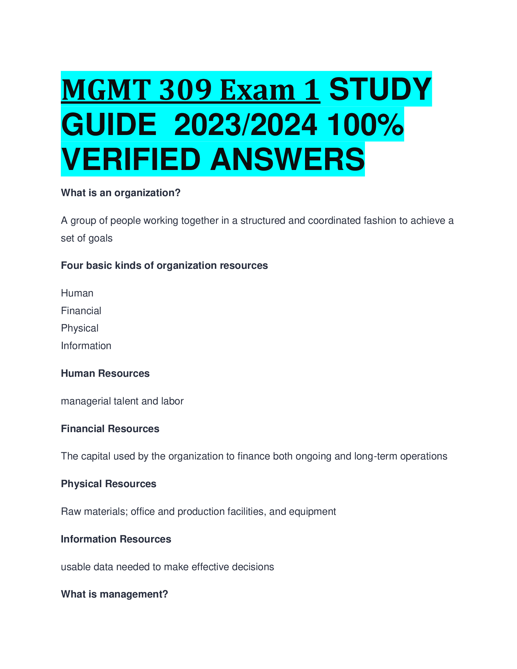 MGMT 309 Exam 1 STUDY  GUIDE 2023,2024  VERIFIED ANSWERS