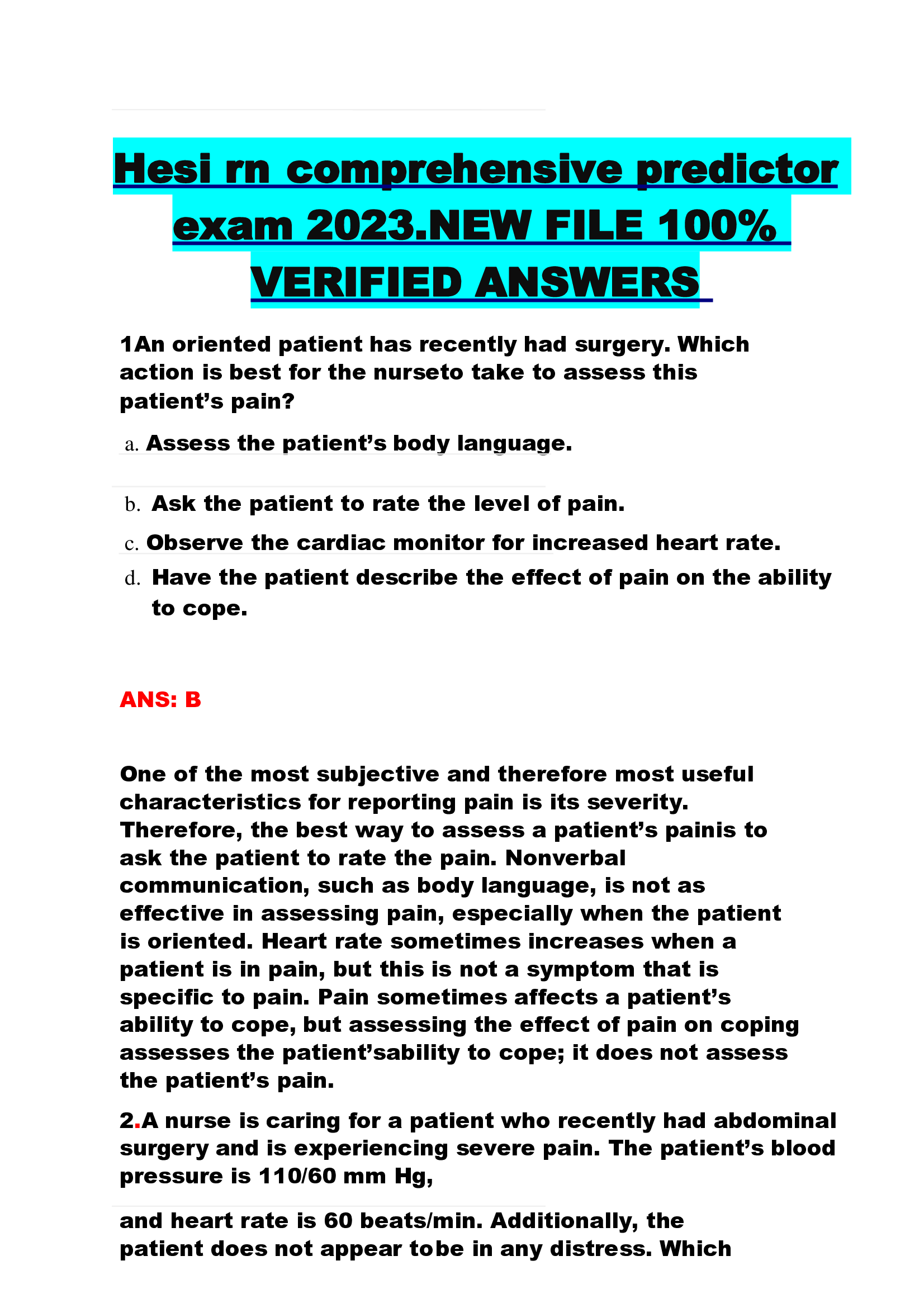 Hesi rn comprehensive predictor  exam 2023,2024.NEW FILE  VERIFIED ANSWERS