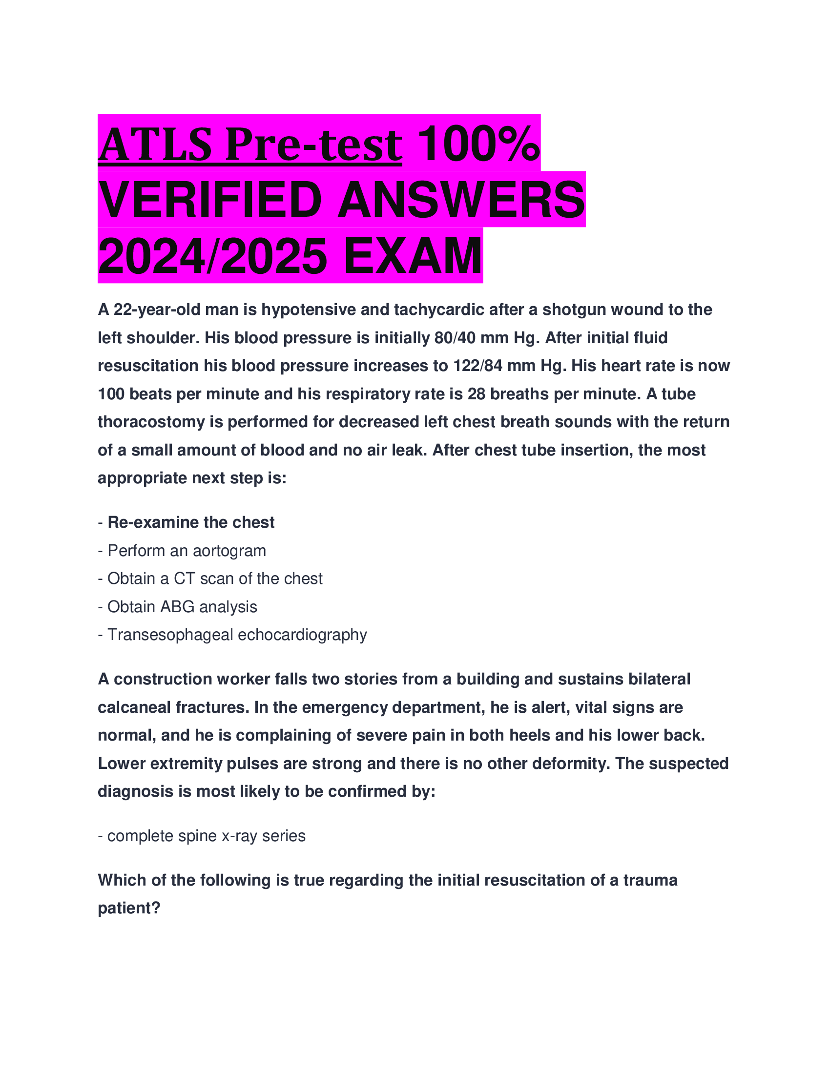 BEST ANSWERS ATLS Pre-test VERIFIED ANSWERS  2024, 2026 EXAM