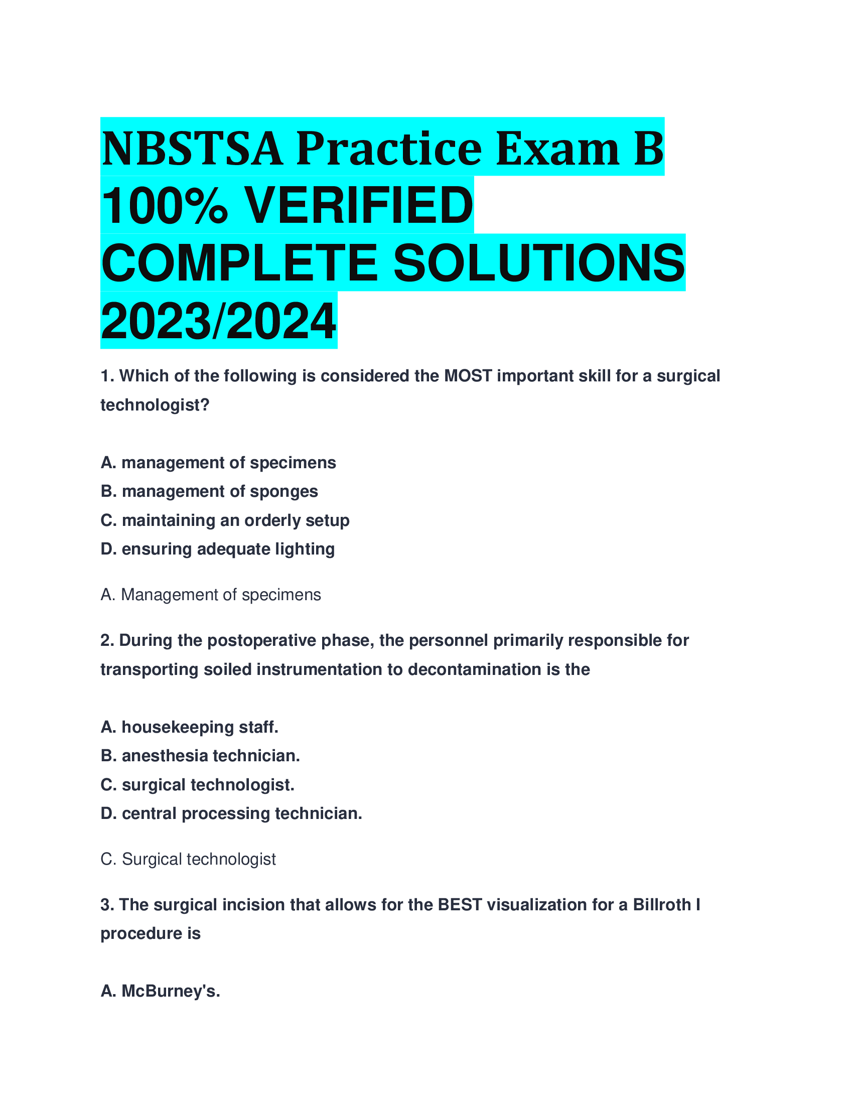 NBSTSA Practice Exam B VERIFIED  COMPLETE SOLUTIONS  2023,2024