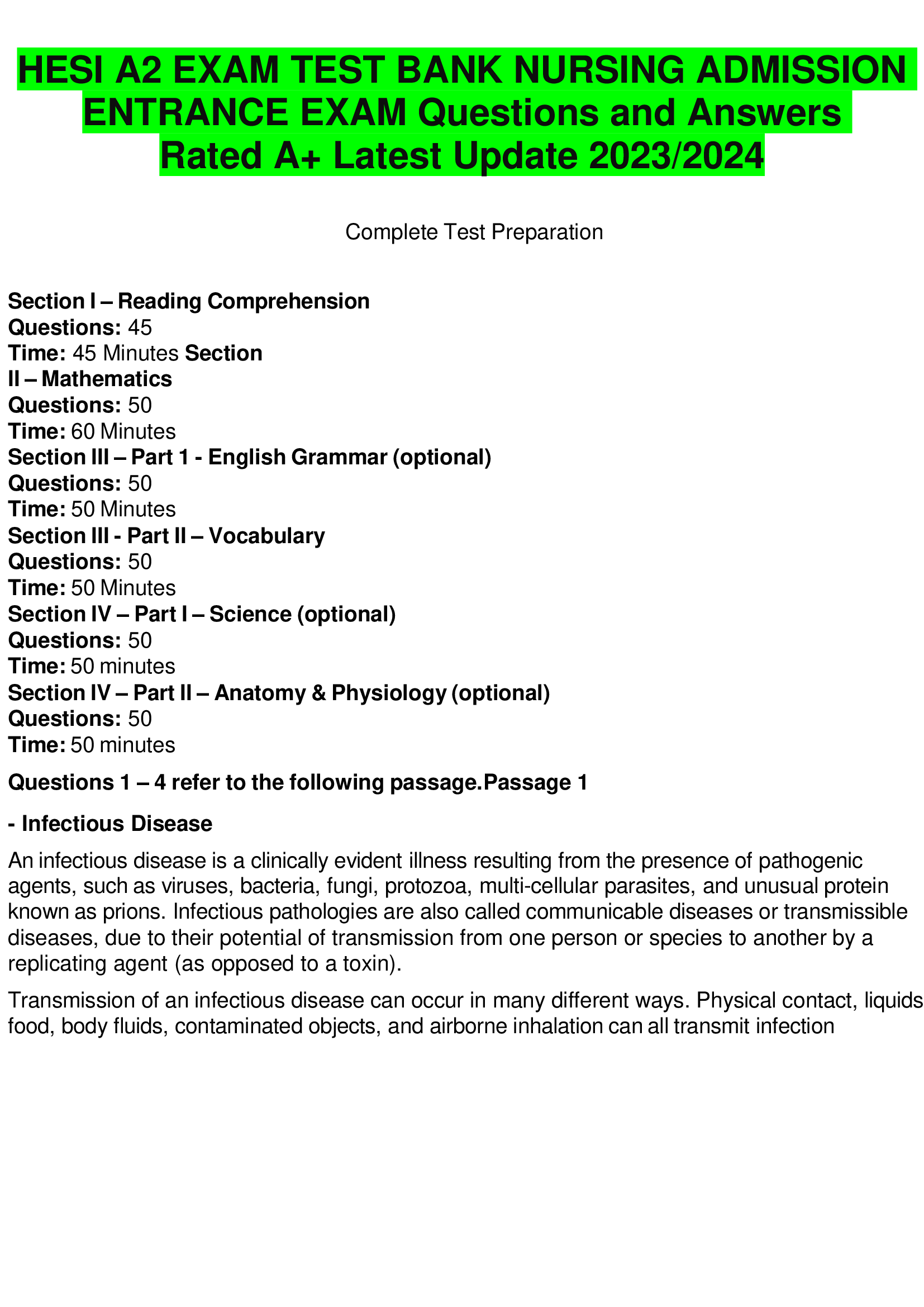 HESI A2 EXAM TEST BANK NURSING ADMISSION  ENTRANCE EXAM Questions and Answers  Latest Update 2023,2024