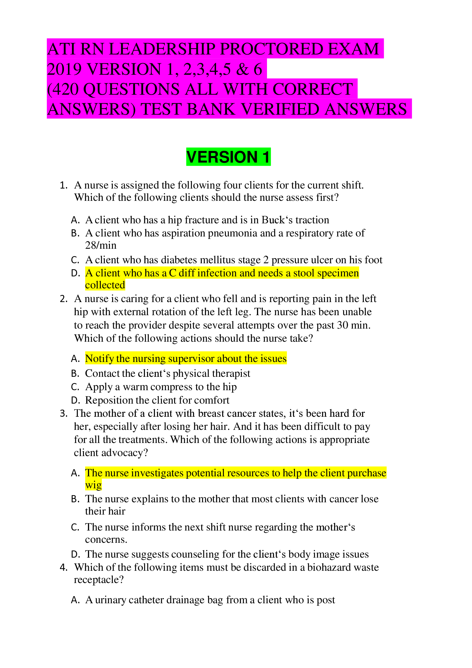 ATI RN LEADERSHIP PROCTORED EXAM  2019 VERSION 1, 2,3,4,5 & 6  (420 QUESTIONS ALL WITH CORRECT  ANSWERS) TEST BANK VERIFIED ANSWERS