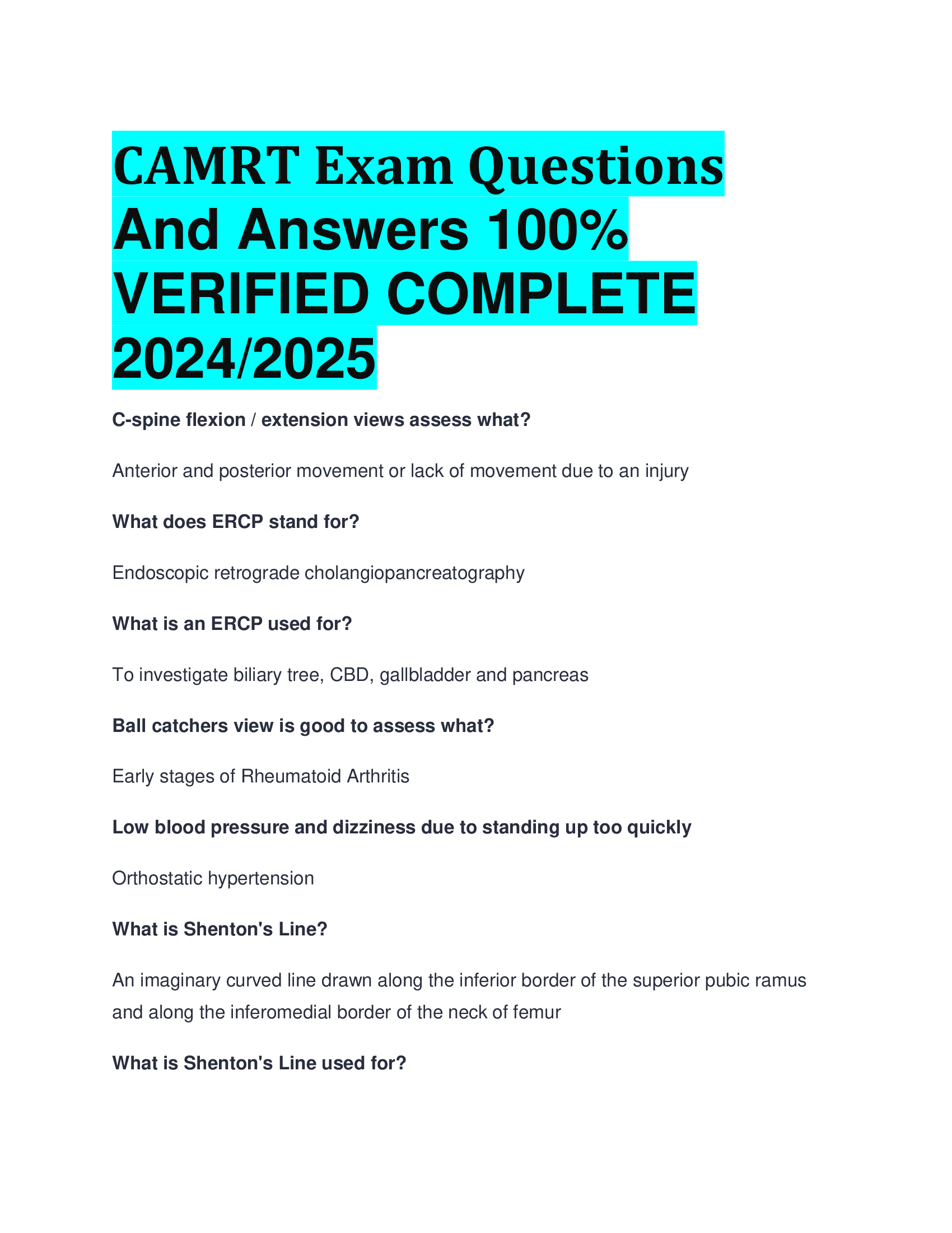 CAMRT Exam Questions And Answers  VERIFIED COMPLETE  20242026