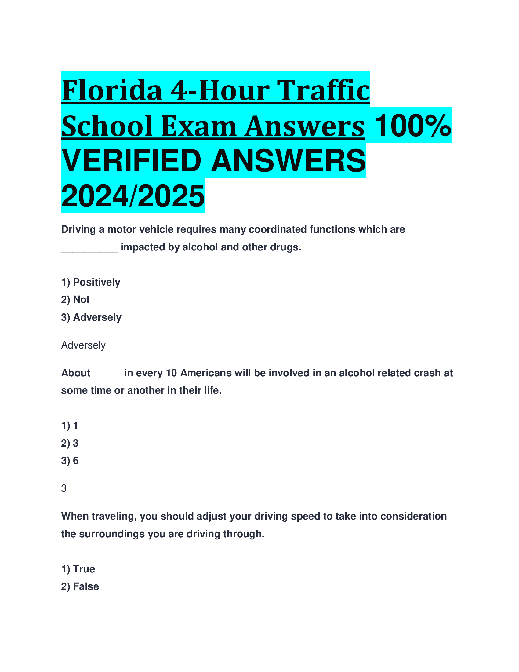 Florida 4-Hour Traffic School Exam Answers VERIFIED ANSWERS  20242026