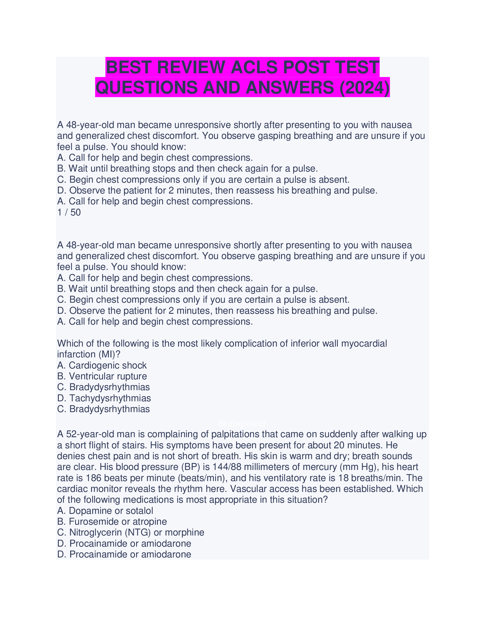 BEST REVIEW ACLS POST TEST QUESTIONS AND ANSWERS (2024)