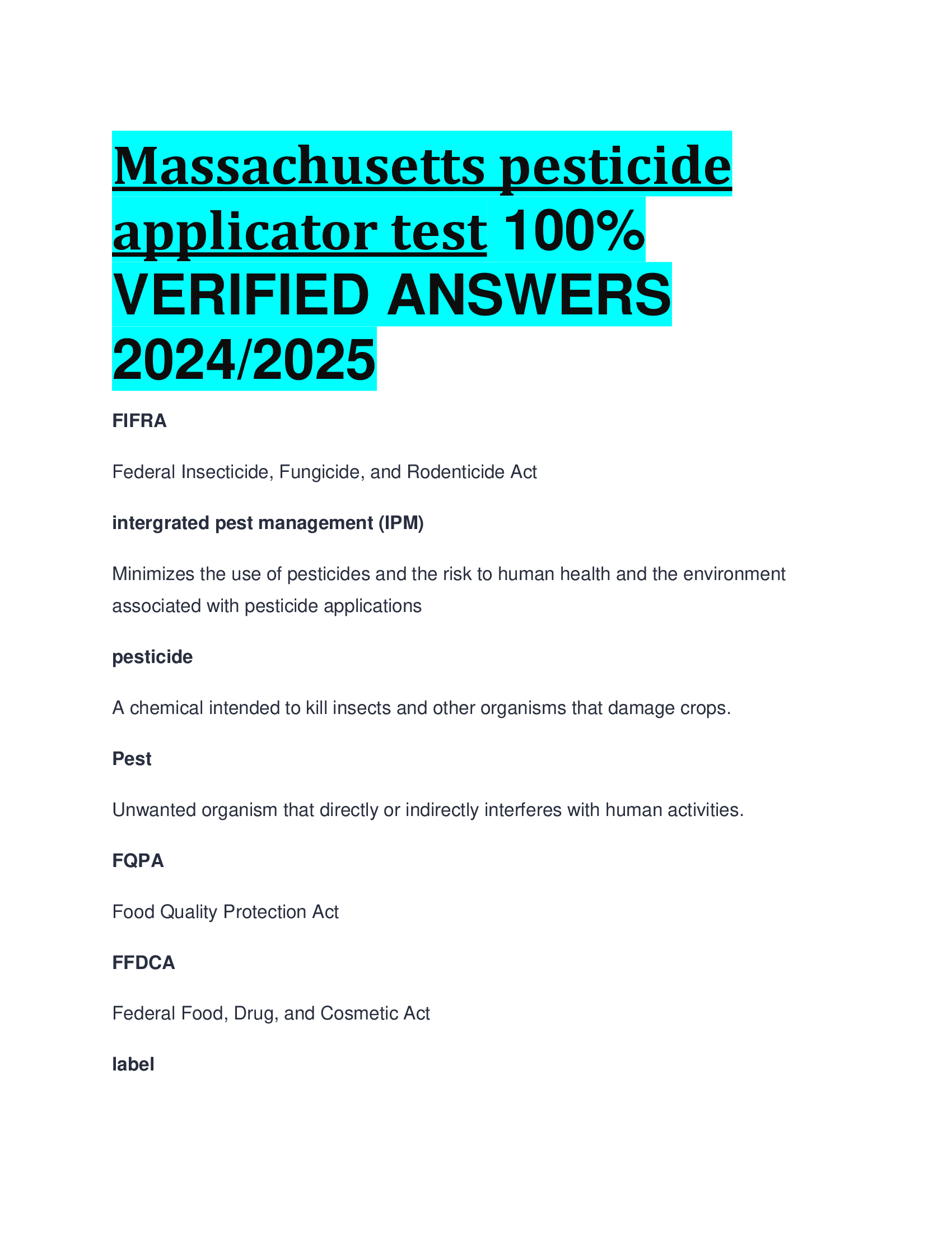 Massachusetts pesticide applicator test VERIFIED ANSWERS  20242026