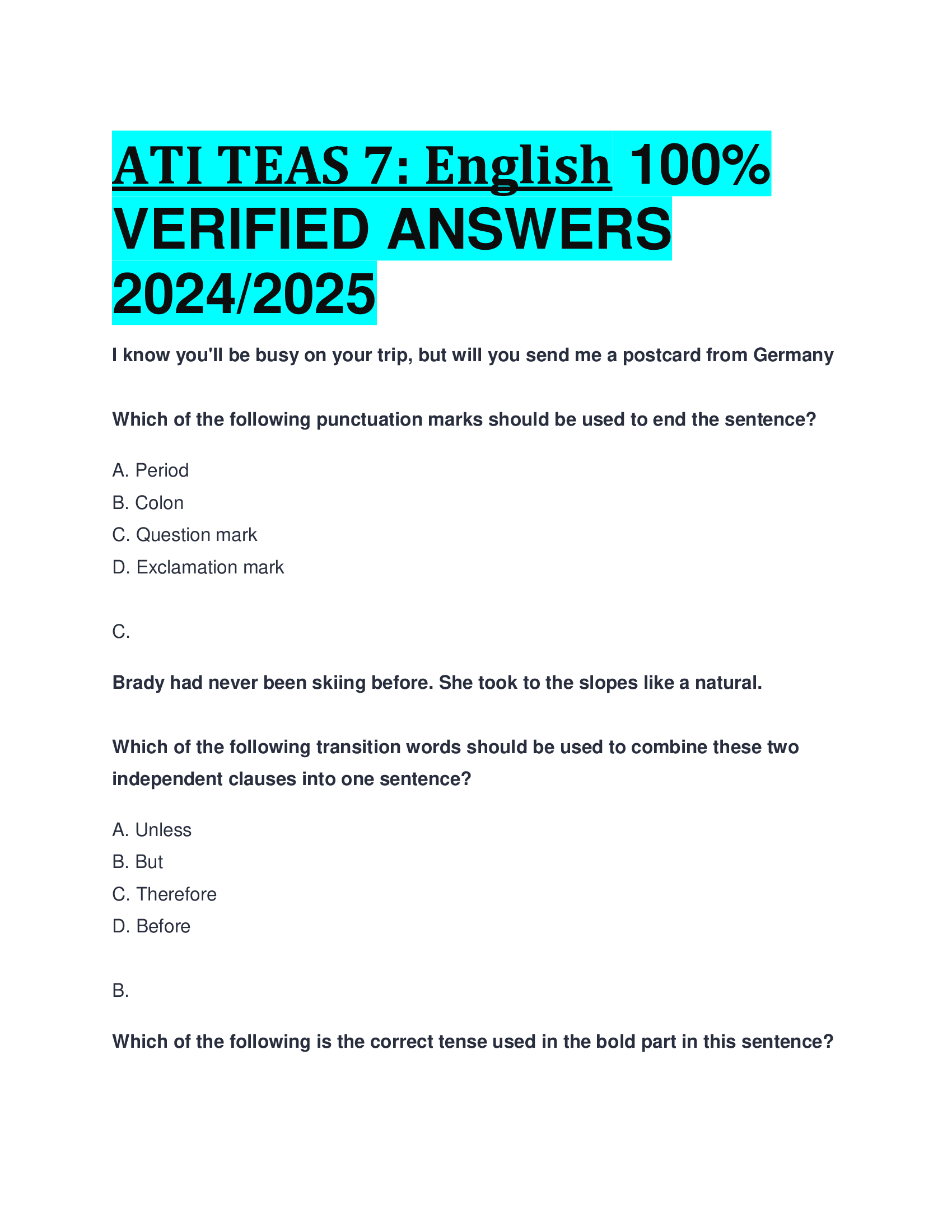 BEST REVIEW FOR ATI TEAS 7: English 100 Percent  VERIFIED ANSWERS  2024, 2026