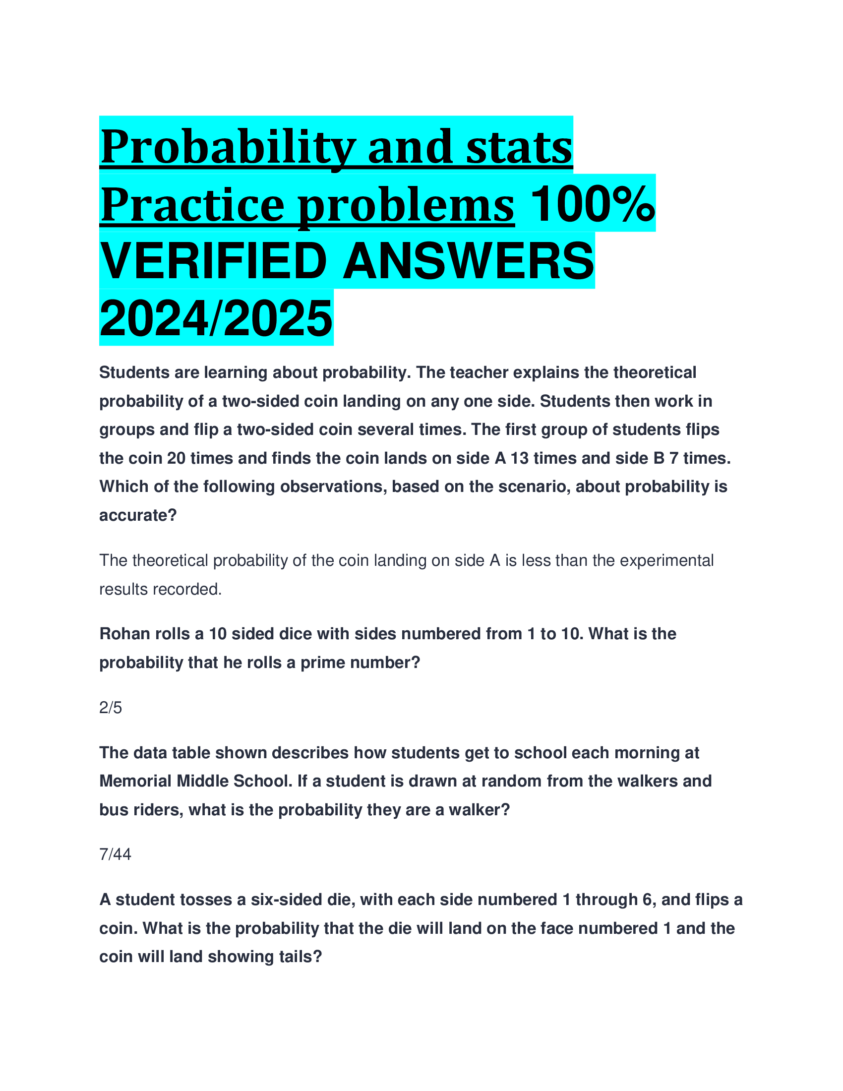 Probability and stats Practice problems VERIFIED ANSWERS  2024,2026