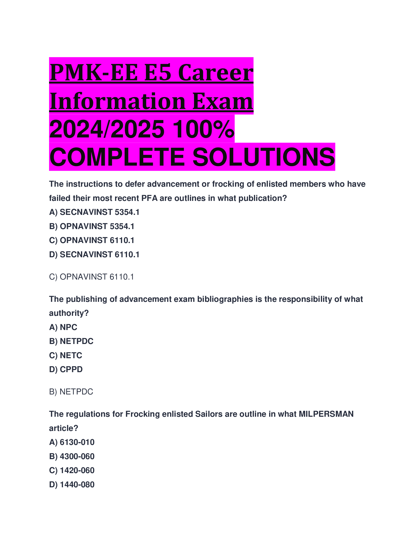 BEST ANSWERS PMK-EE E5 Career Information Exam 2024, 2026 100 Percent  COMPLETE SOLUTIONS