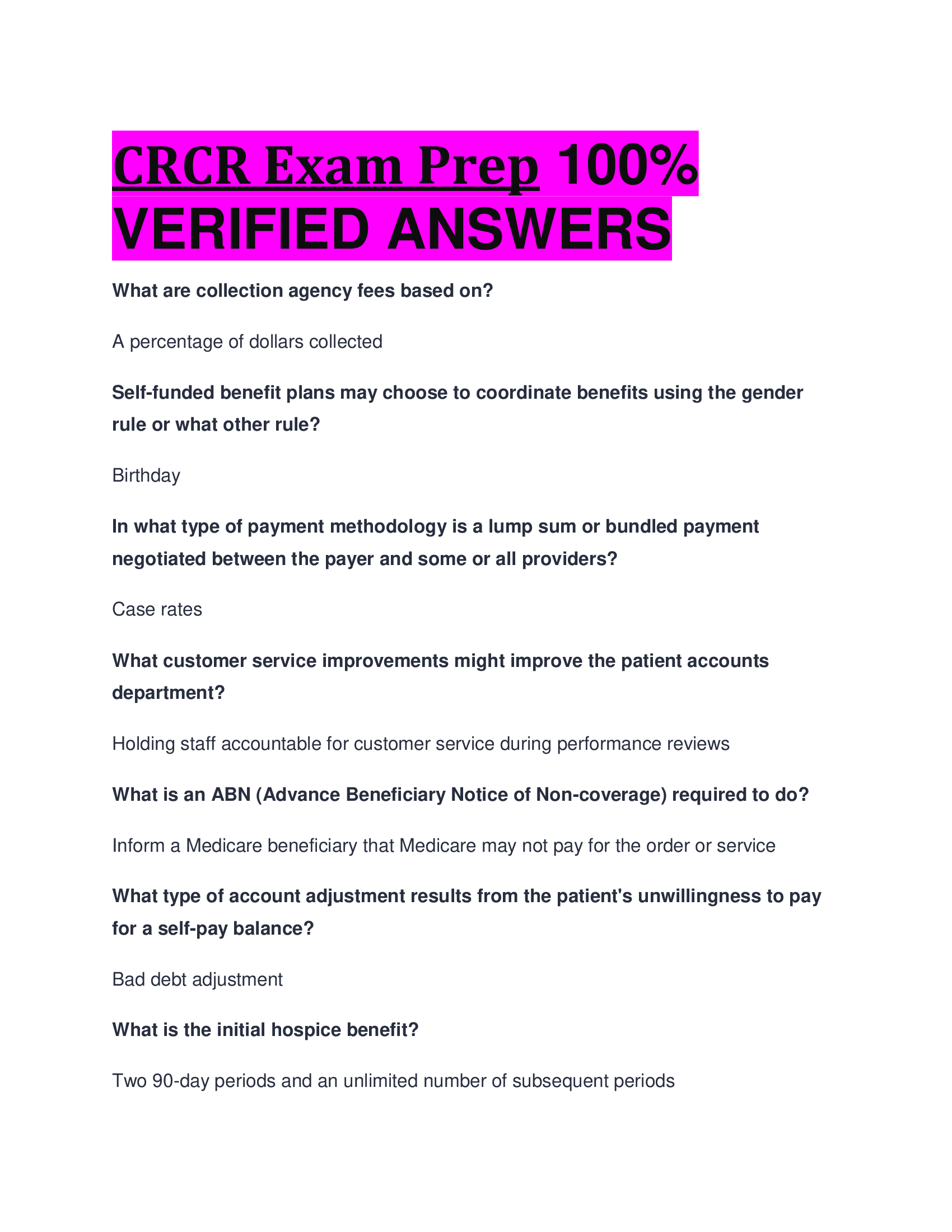 CRCR Exam Prep  VERIFIED ANSWERS