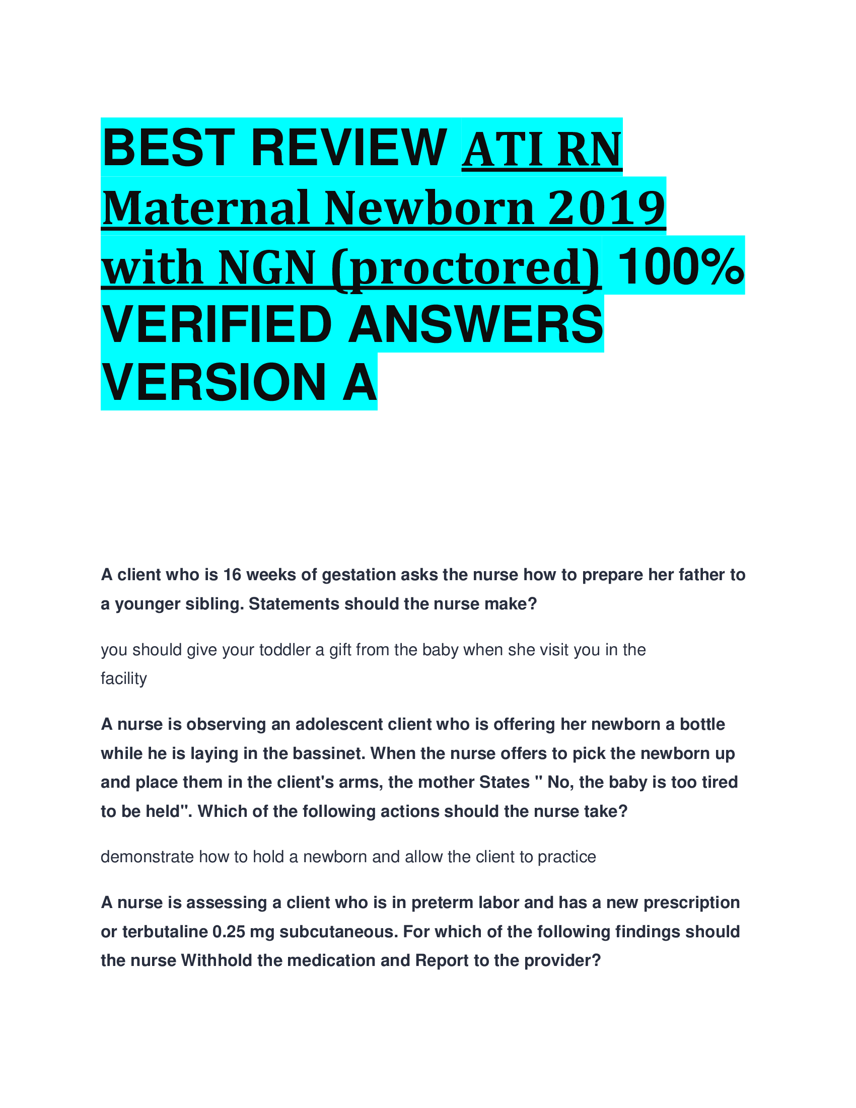 BEST REVIEW ATI RN Maternal Newborn 2019 with NGN (proctored)   VERIFIED ANSWERS  VERSION A