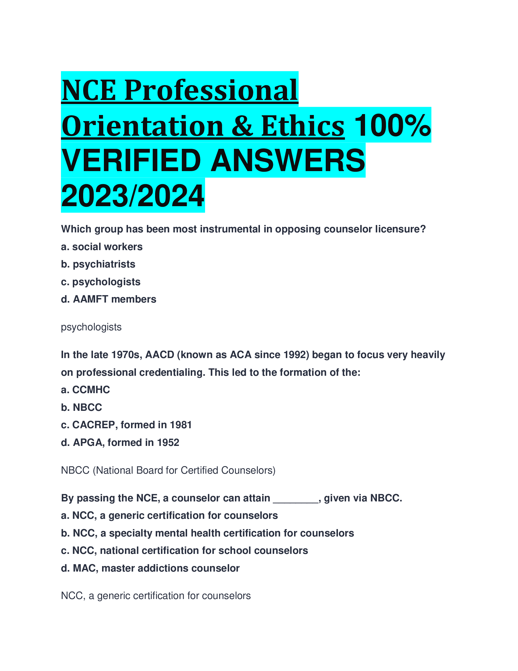 NCE Professional Orientation & Ethics VERIFIED ANSWERS  2023,2024
