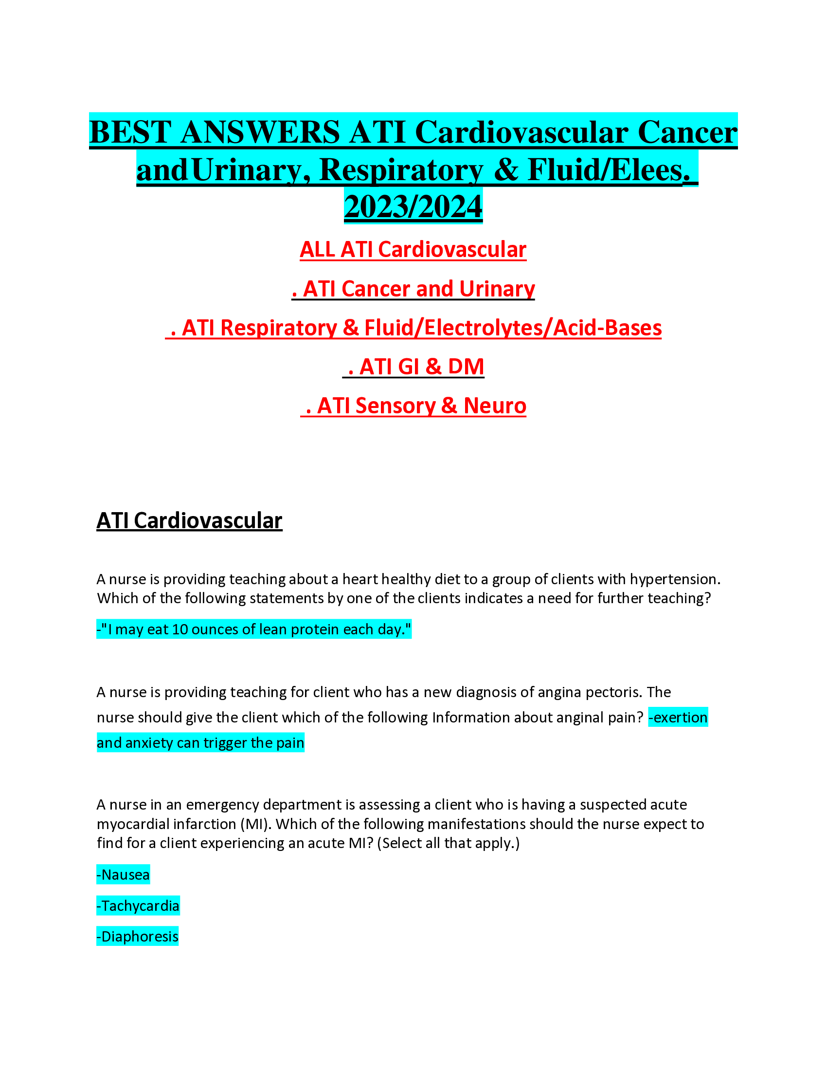 BEST ANSWERS ATI Cardiovascular Cancer  and Urinary, Respiratory & Fluid,Elees. 2023,2024