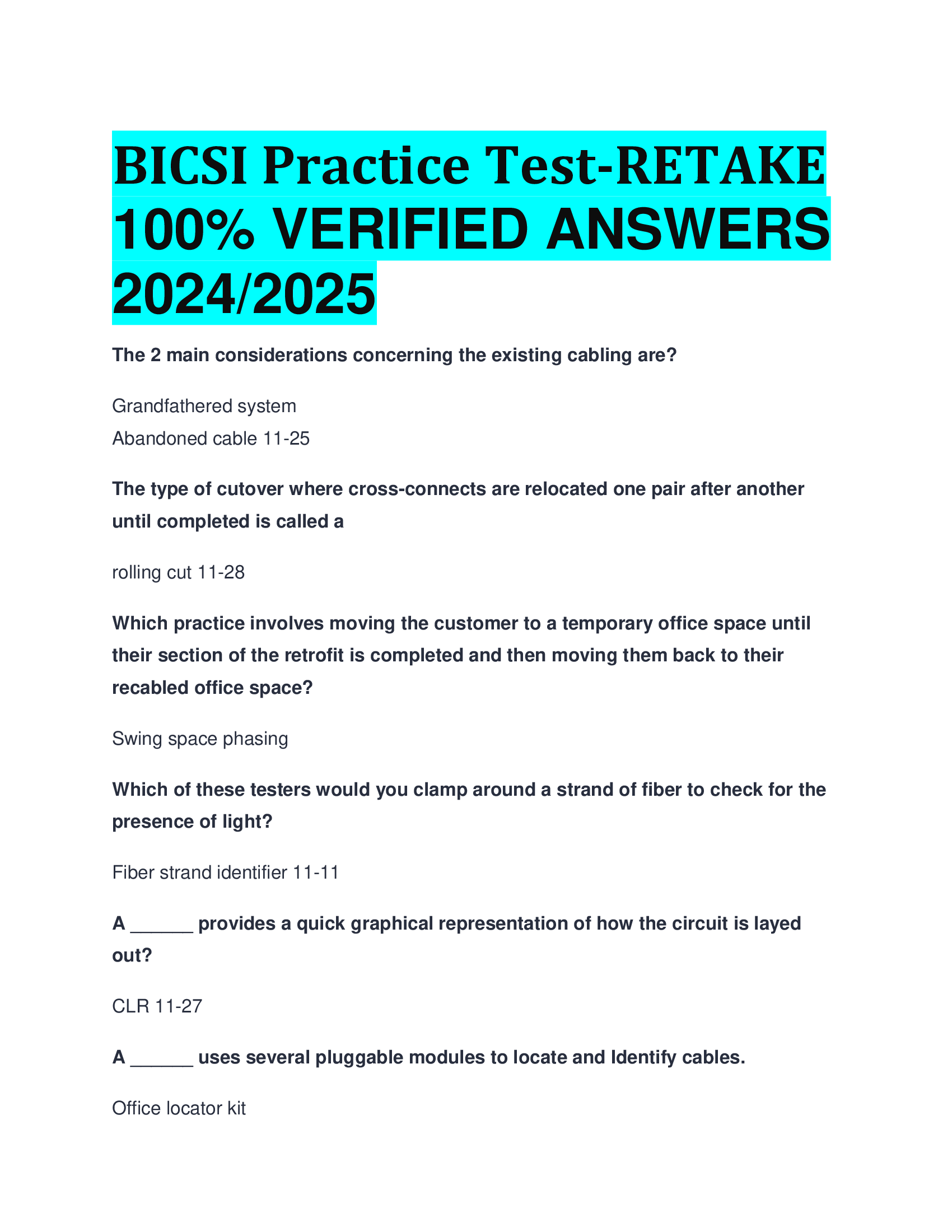 BICSI Practice Test-RETAKE VERIFIED ANSWERS  20242026