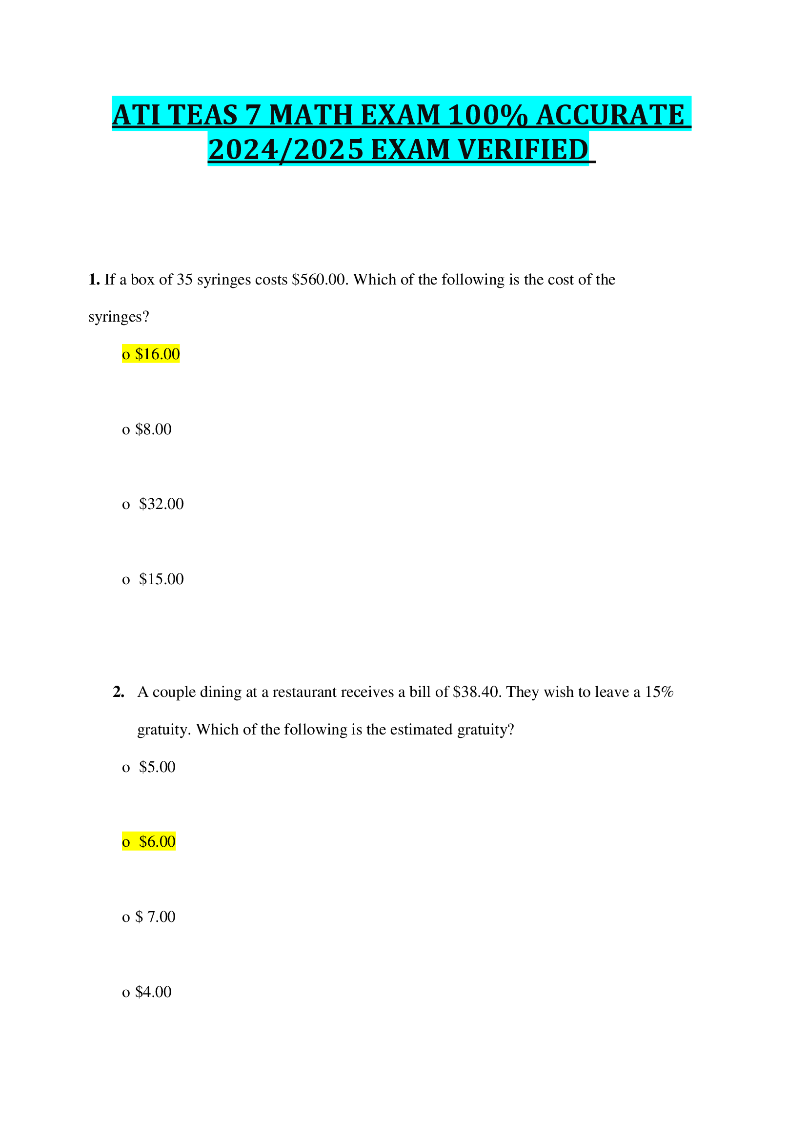BEST REVIEW FOR ATI TEAS 7 MATH EXAM 100 Percent ACCURATE 2024, 2026 EXAM VERIFIED