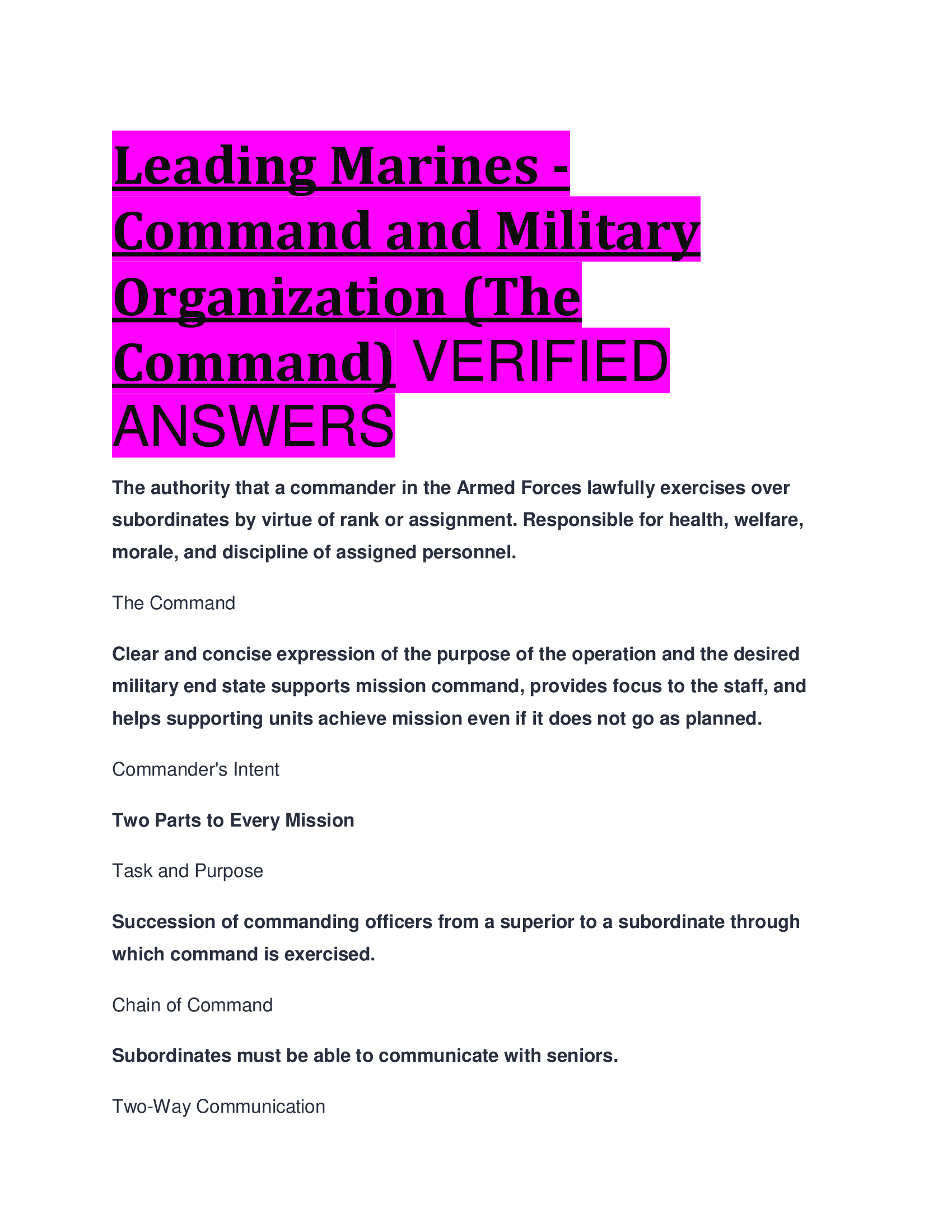 Leading Marines - Command and Military Organization (The Command) VERIFIED  ANSWERS