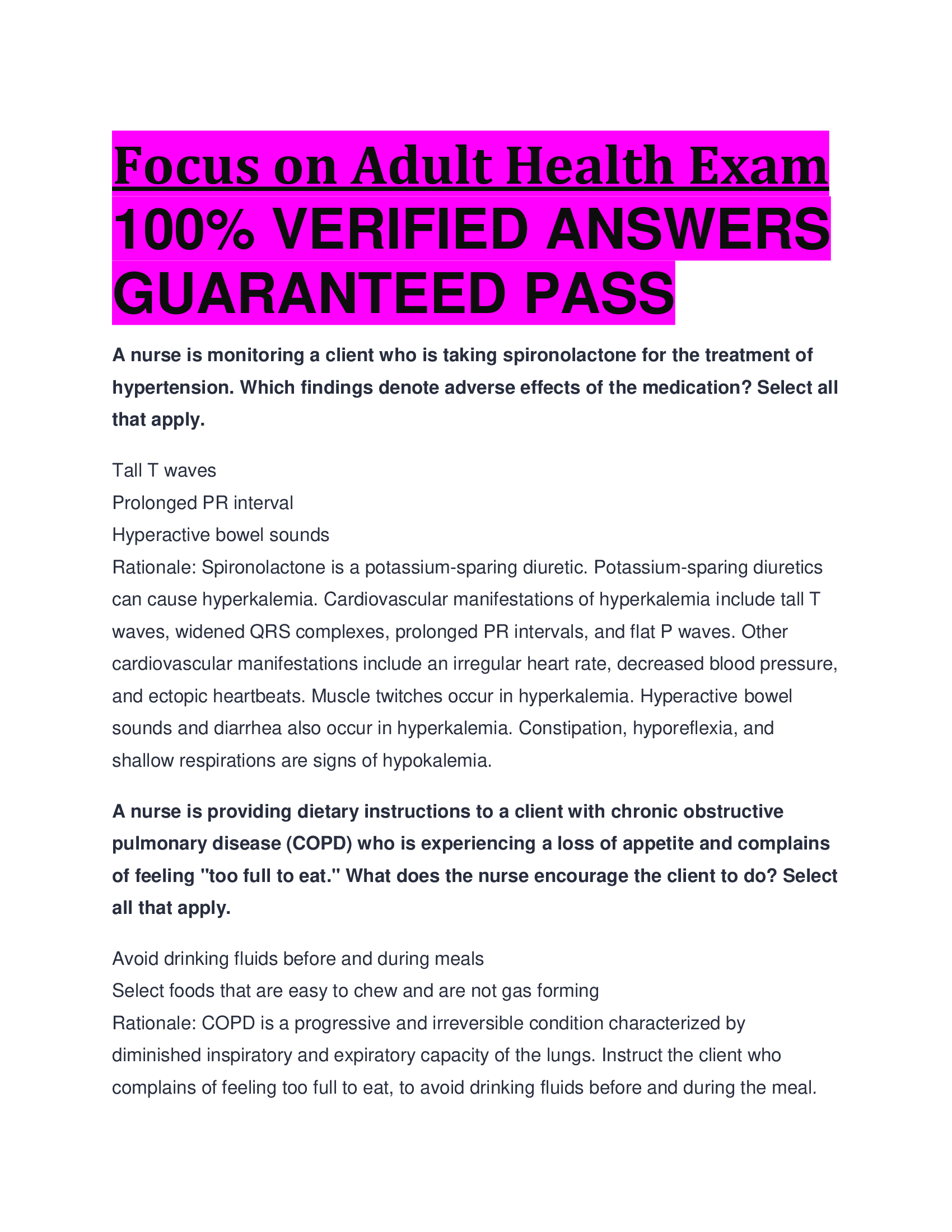 Focus on Adult Health Exam  VERIFIED ANSWERS  GUARANTEED PASS