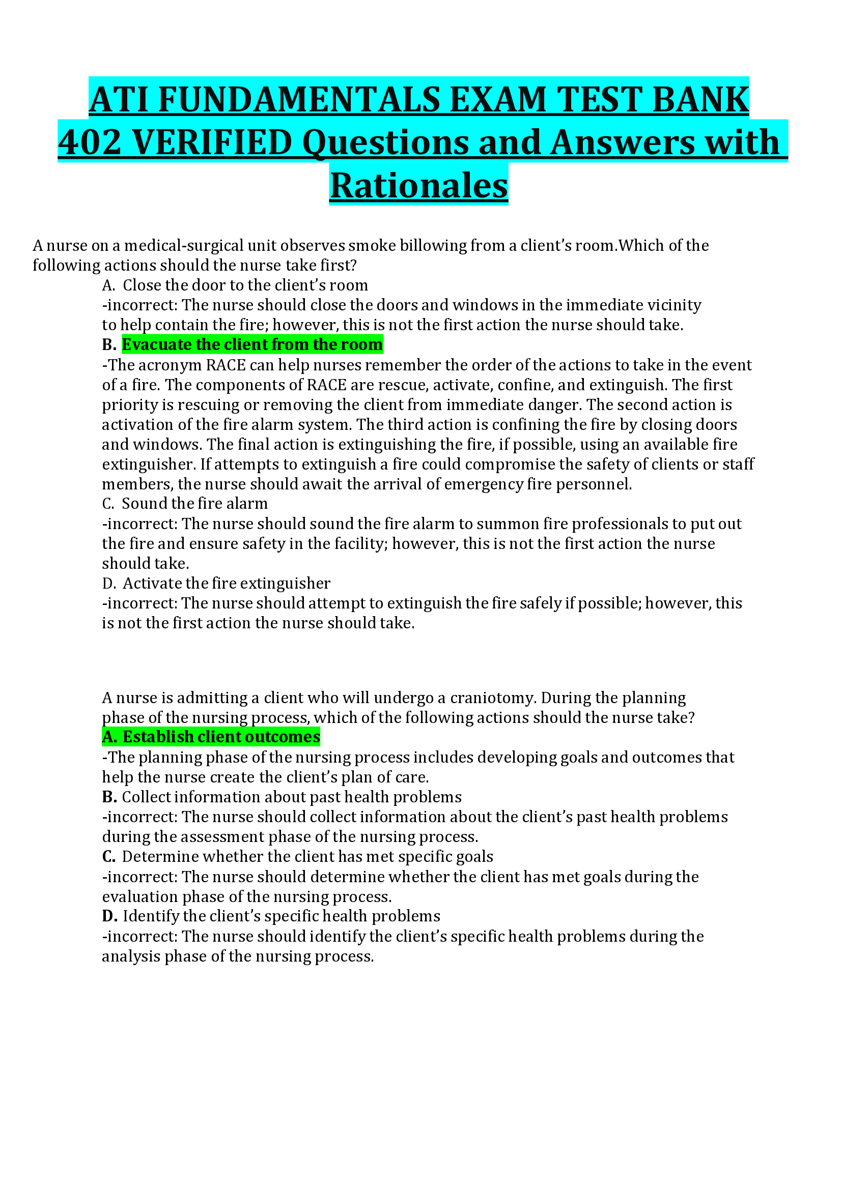 ATI FUNDAMENTALS EXAM TEST BANK 402 VERIFIED Questions and Answers with  Rationales
