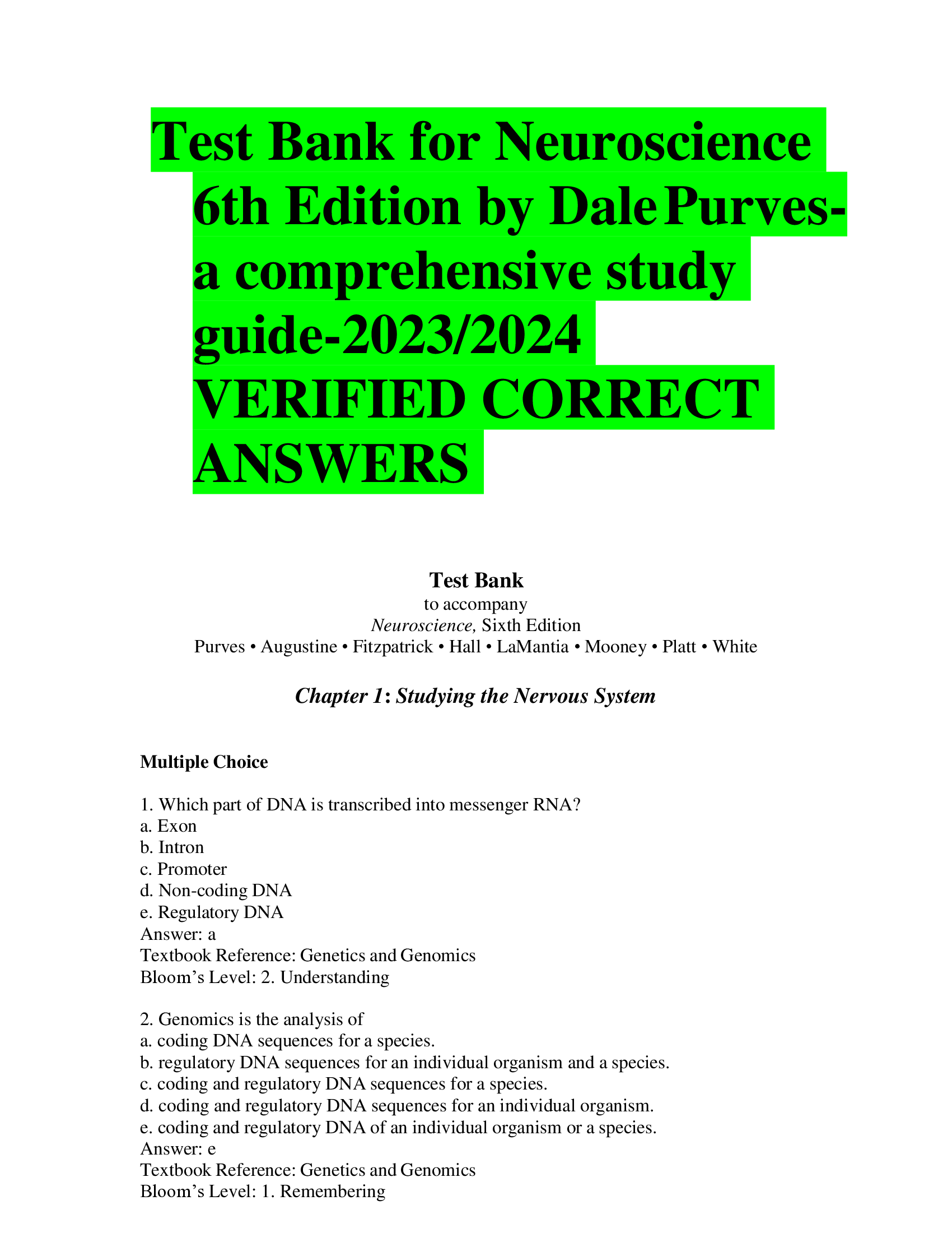 BEST REVIEW Test Bank for Neuroscience  6th Edition by DalePurves: a comprehensive study guide 2023,2024  VERIFIED CORRECT  ANSWERS