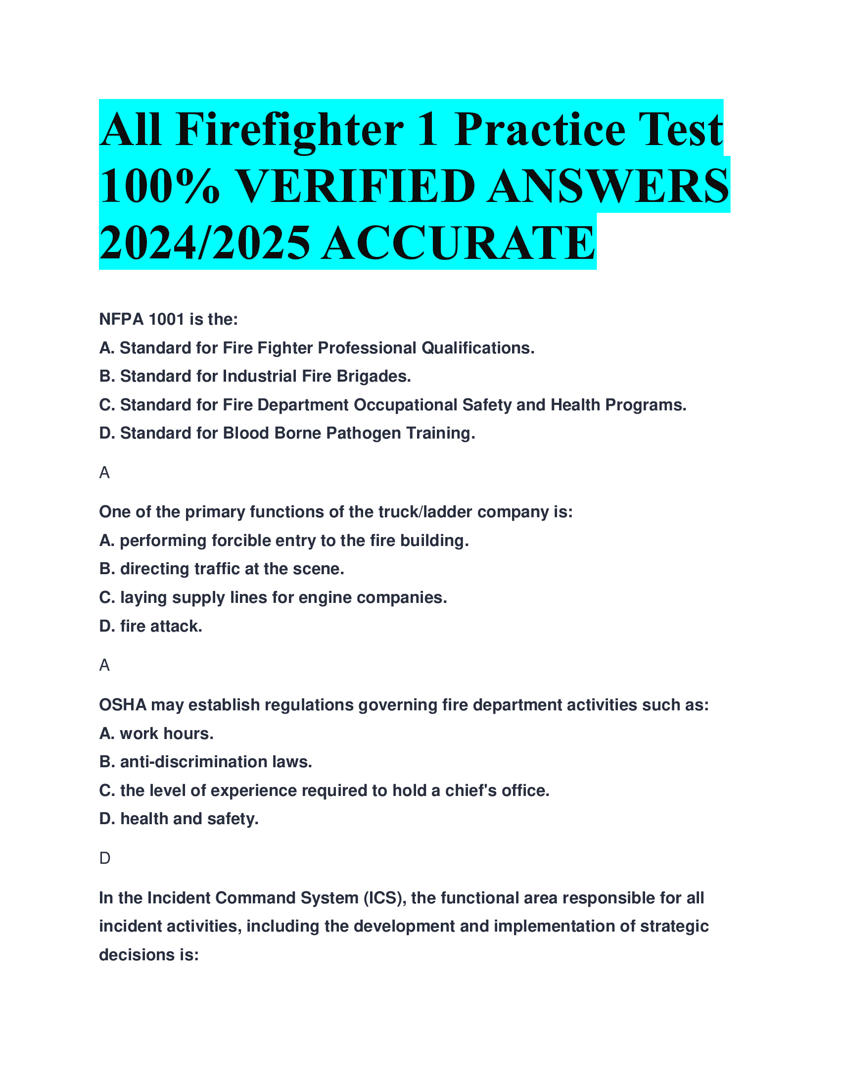 All Firefighter 1 Practice Test VERIFIED ANSWERS  20242026 ACCURATE
