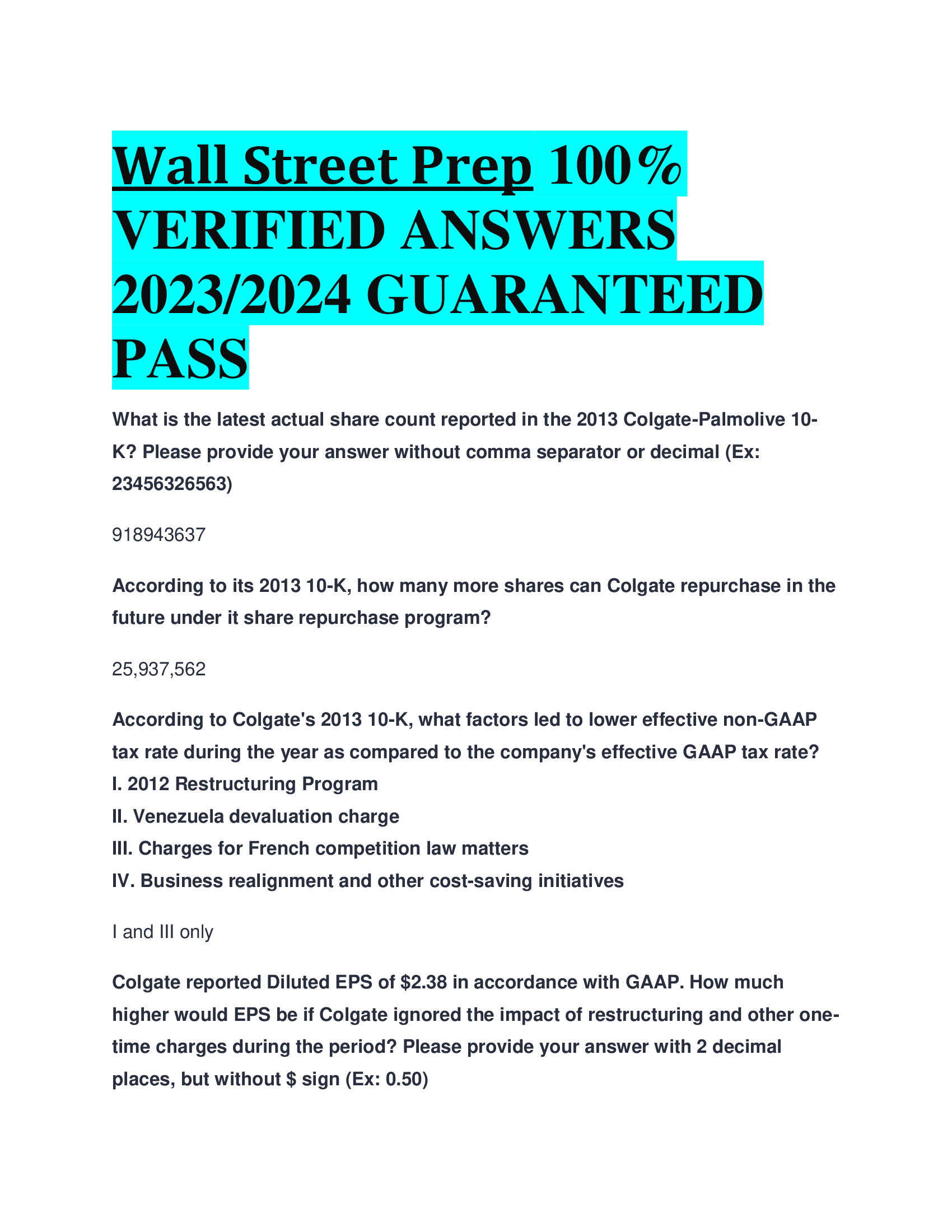 Wall Street Prep VERIFIED ANSWERS  2023,2024 GUARANTEED  PASS