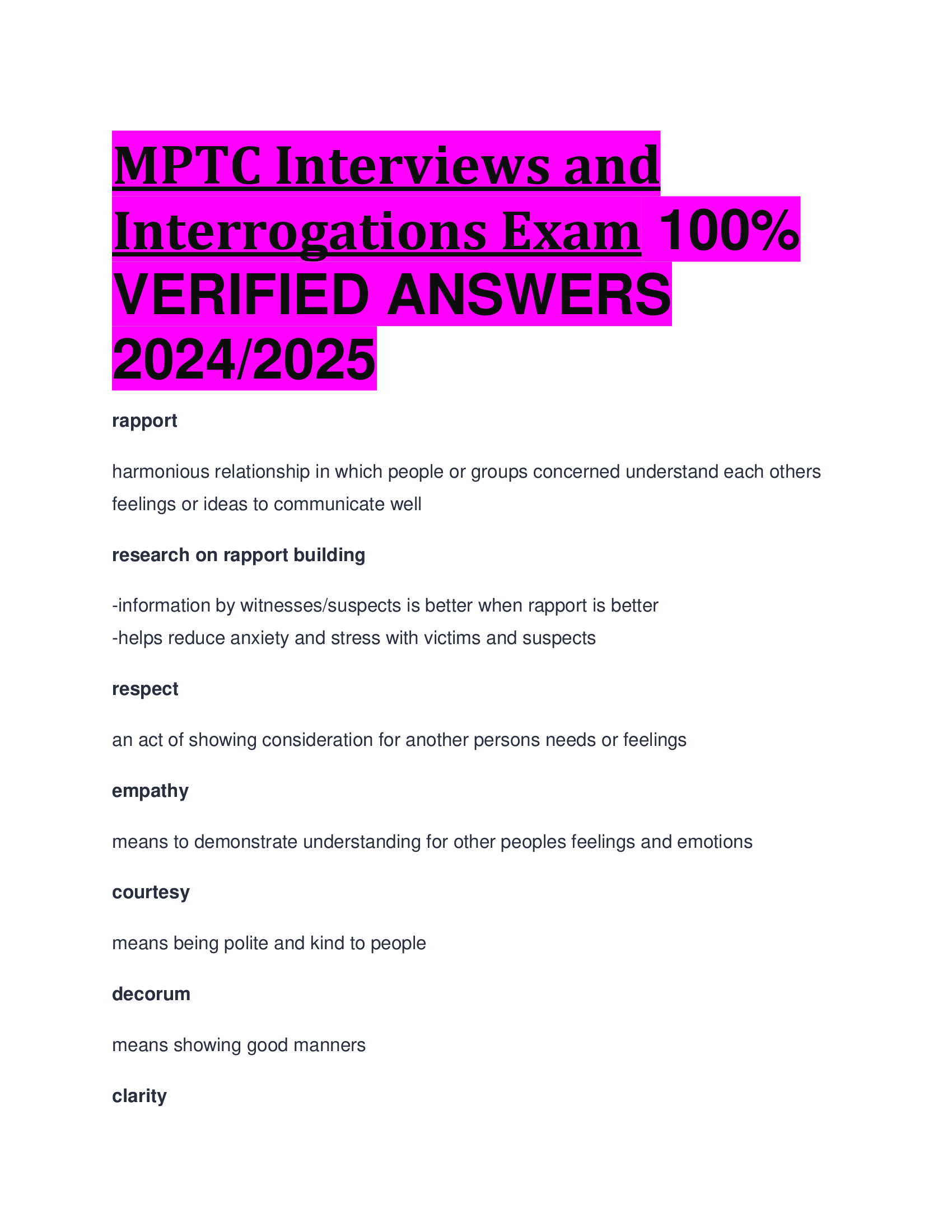 BEST ANSWERS MPTC Interviews and Interrogations Exam 100 Percent VERIFIED ANSWERS  2024, 2026