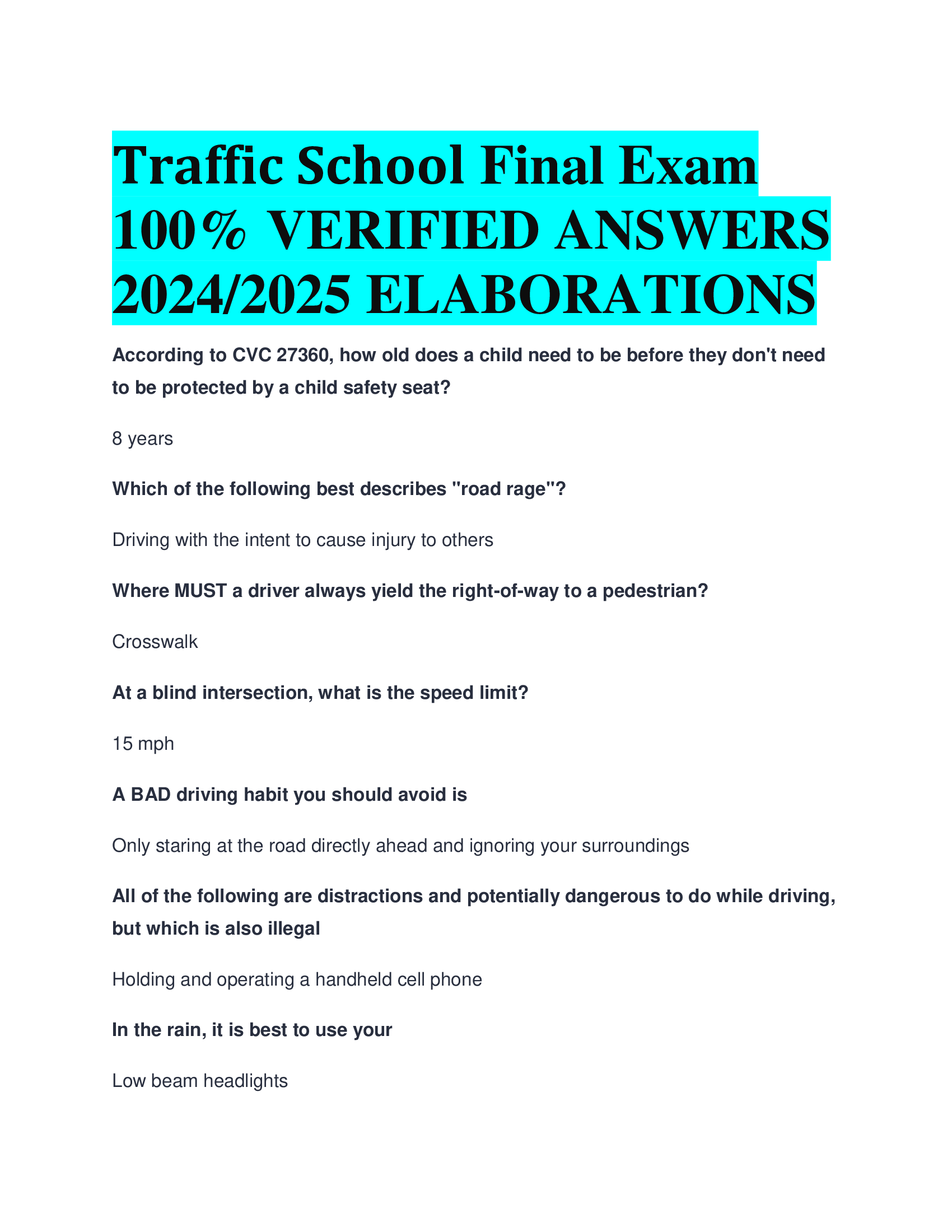 Traffic School Final Exam VERIFIED ANSWERS  20242026 ELABORATIONS