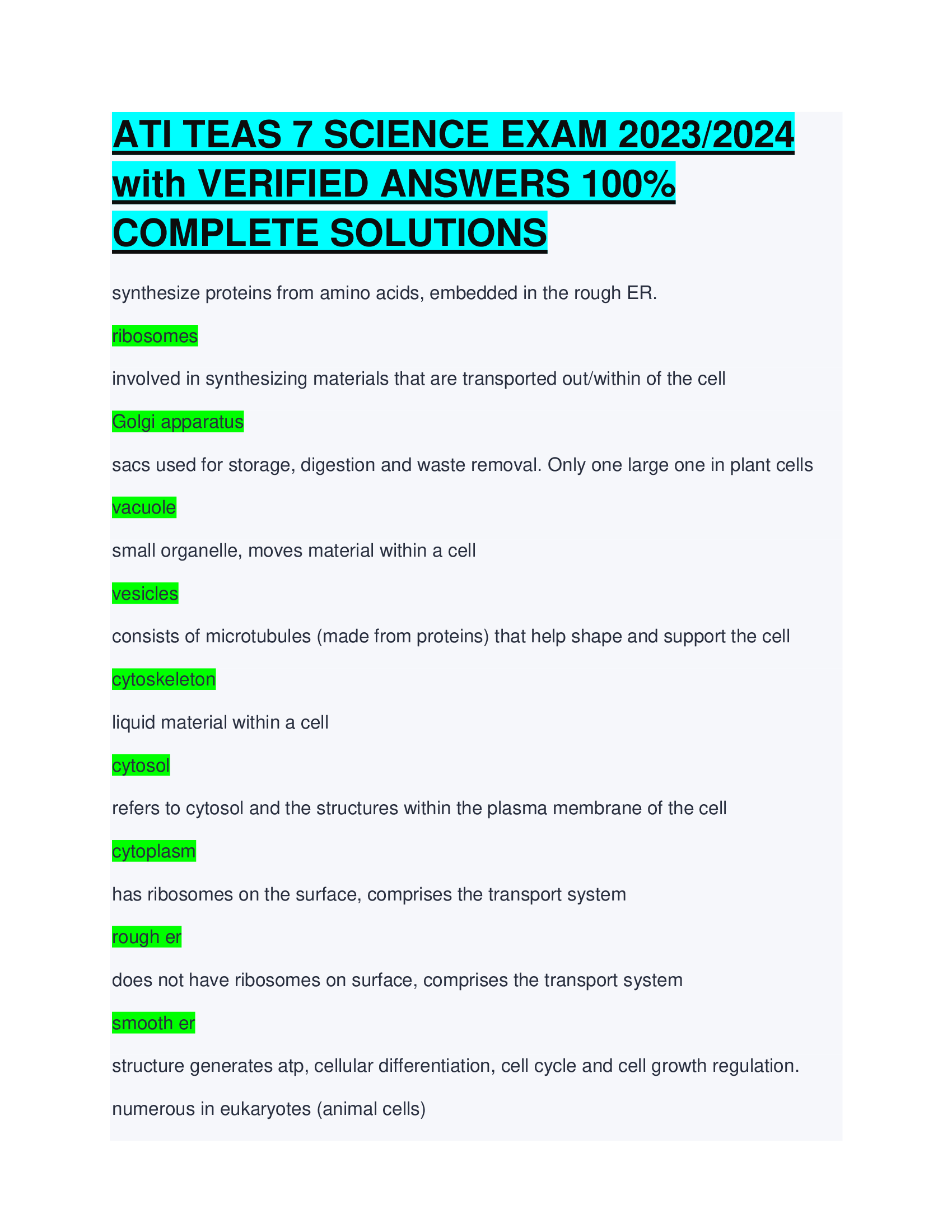ATI TEAS 7 SCIENCE EXAM 2023,2024  with VERIFIED ANSWERS 100% COMPLETE SOLUTIONS