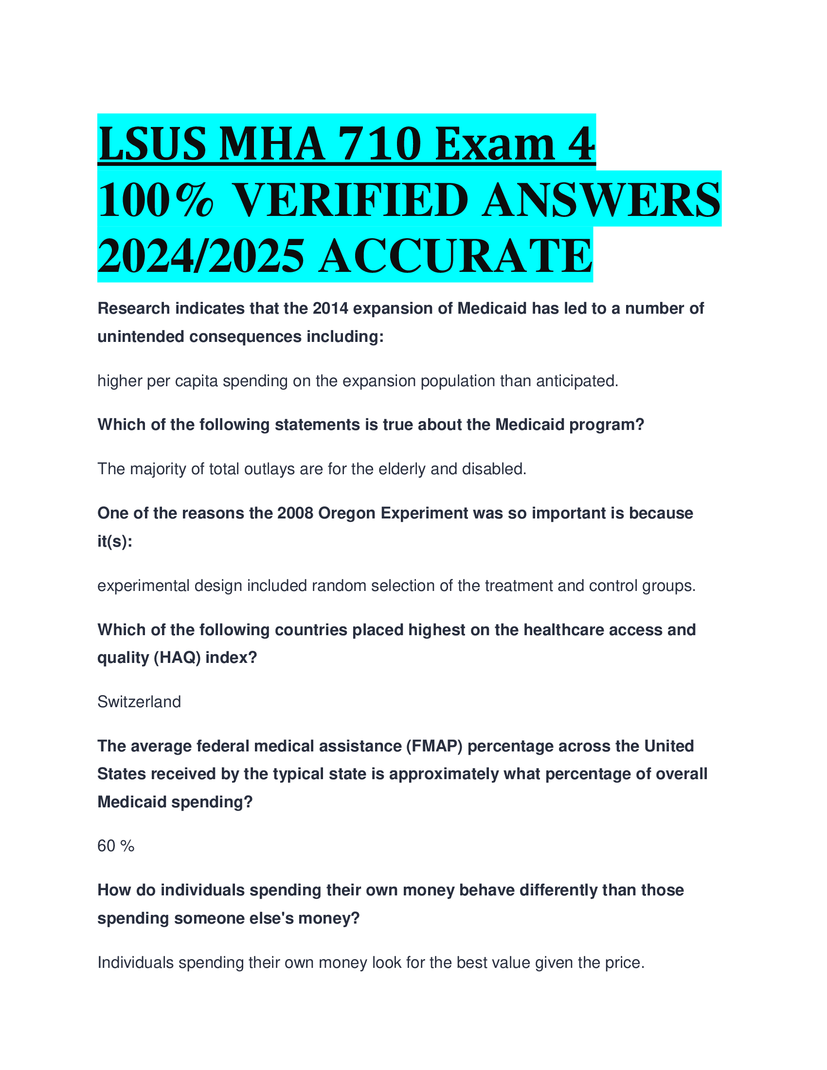LSUS MHA 710 Exam 4 VERIFIED ANSWERS  20242026 ACCURATE