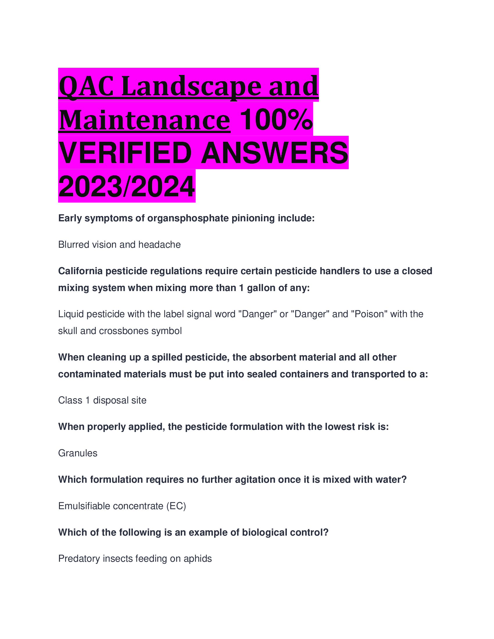 QAC Landscape and Maintenance  VERIFIED ANSWERS  2023,2024