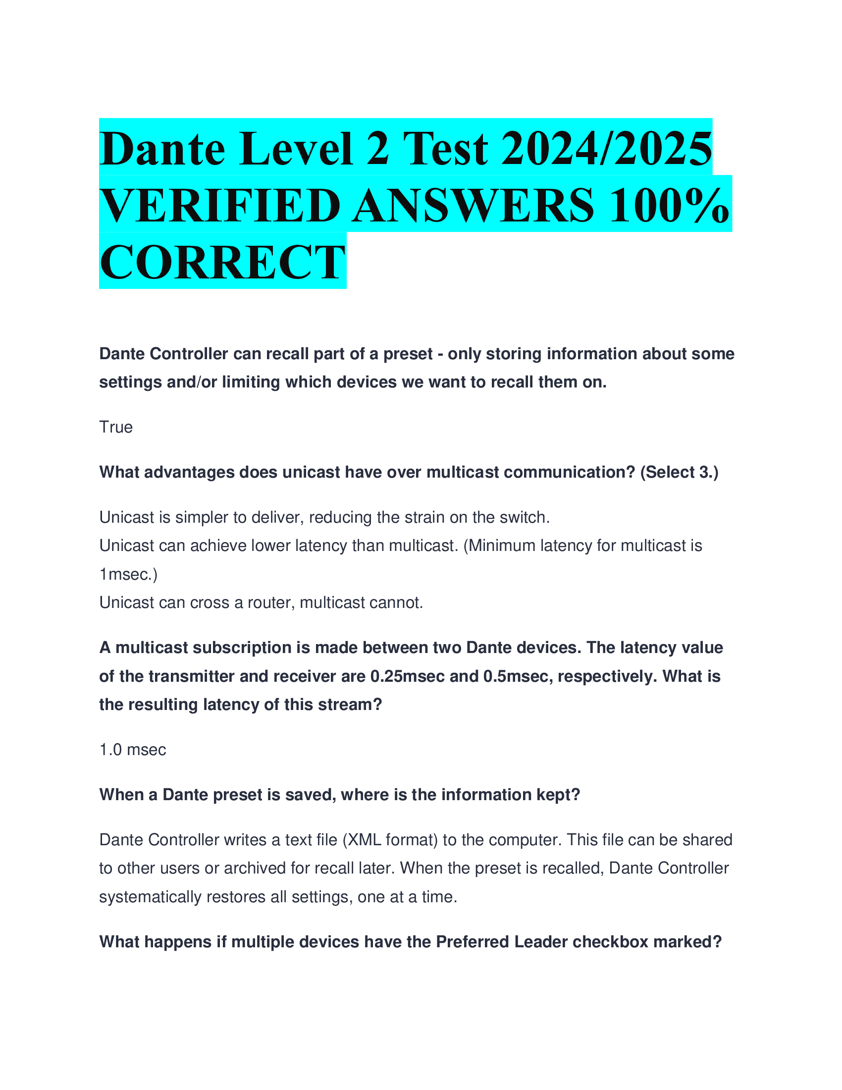 Dante Level 2 Test 20242026  VERIFIED ANSWERS CORRECT
