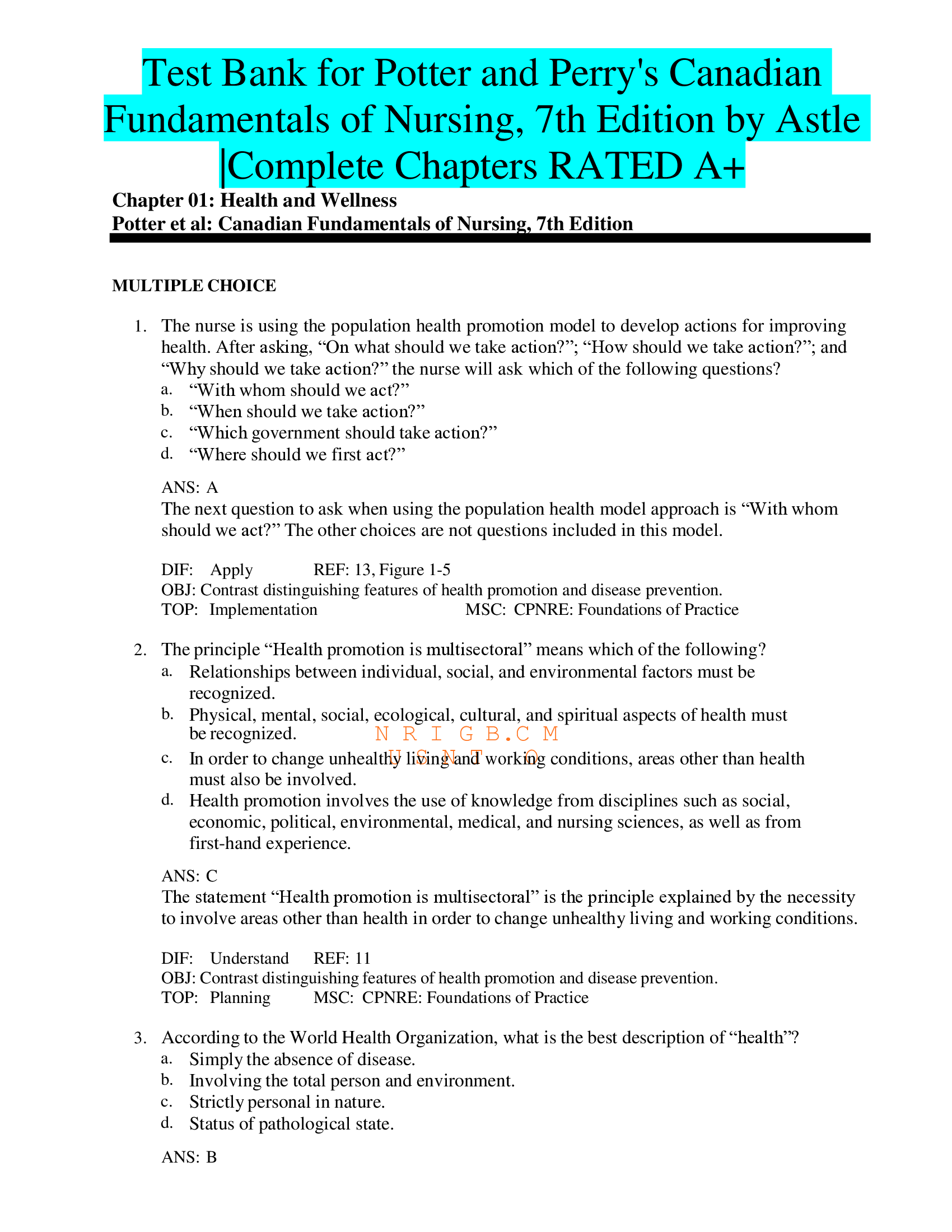 Test Bank for Potter and Perrys Canadian Fundamentals of Nursing, 7th Edition by Astle |Complete Chapters RATED A