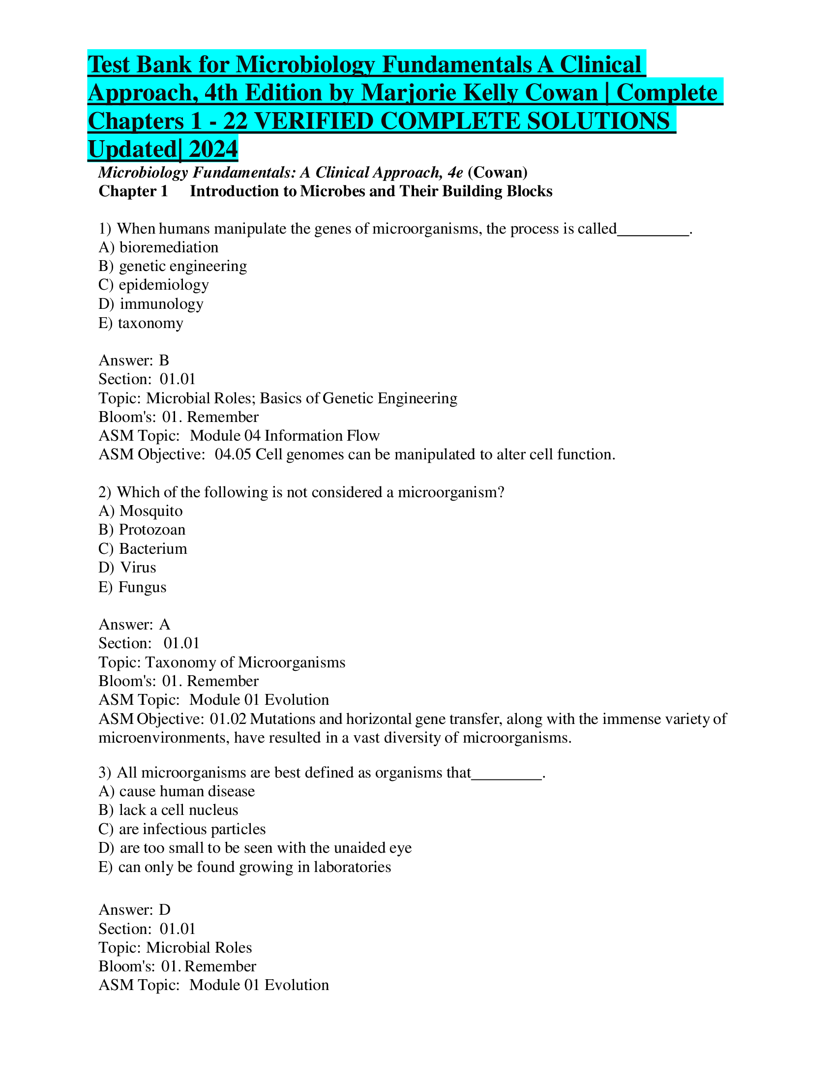 Test Bank for Microbiology Fundamentals A Clinical  Approach, 4th Edition by Marjorie Kelly Cowan | Complete Chapters 1 - 22 VERIFIED COMPLETE SOLUTIONS  Updated| 2024