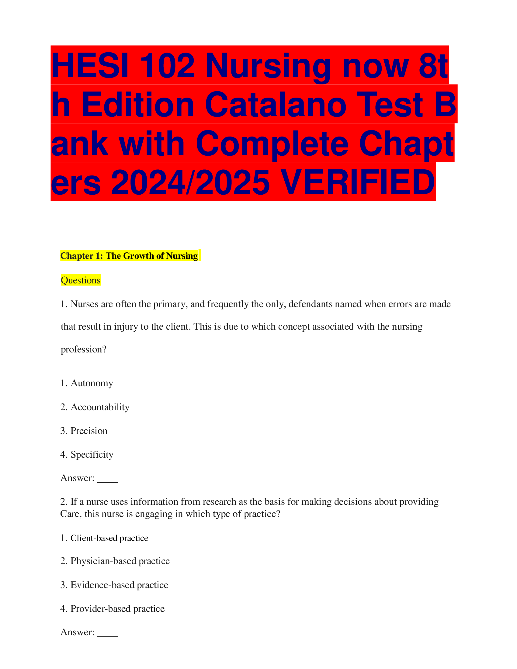 HESI 102 Nursing now 8th Edition Catalano Test Bank with Complete Chapters 2024, 2026 VERIFIED
