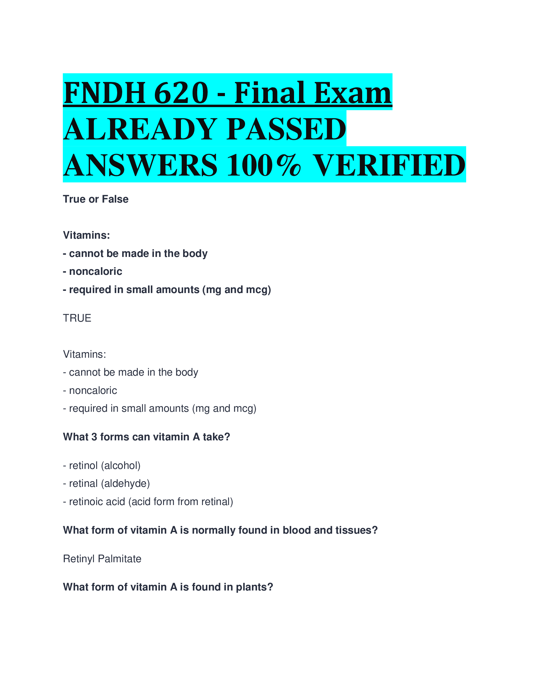 FNDH 620 - Final Exam ALREADY PASSED  ANSWERS VERIFIED