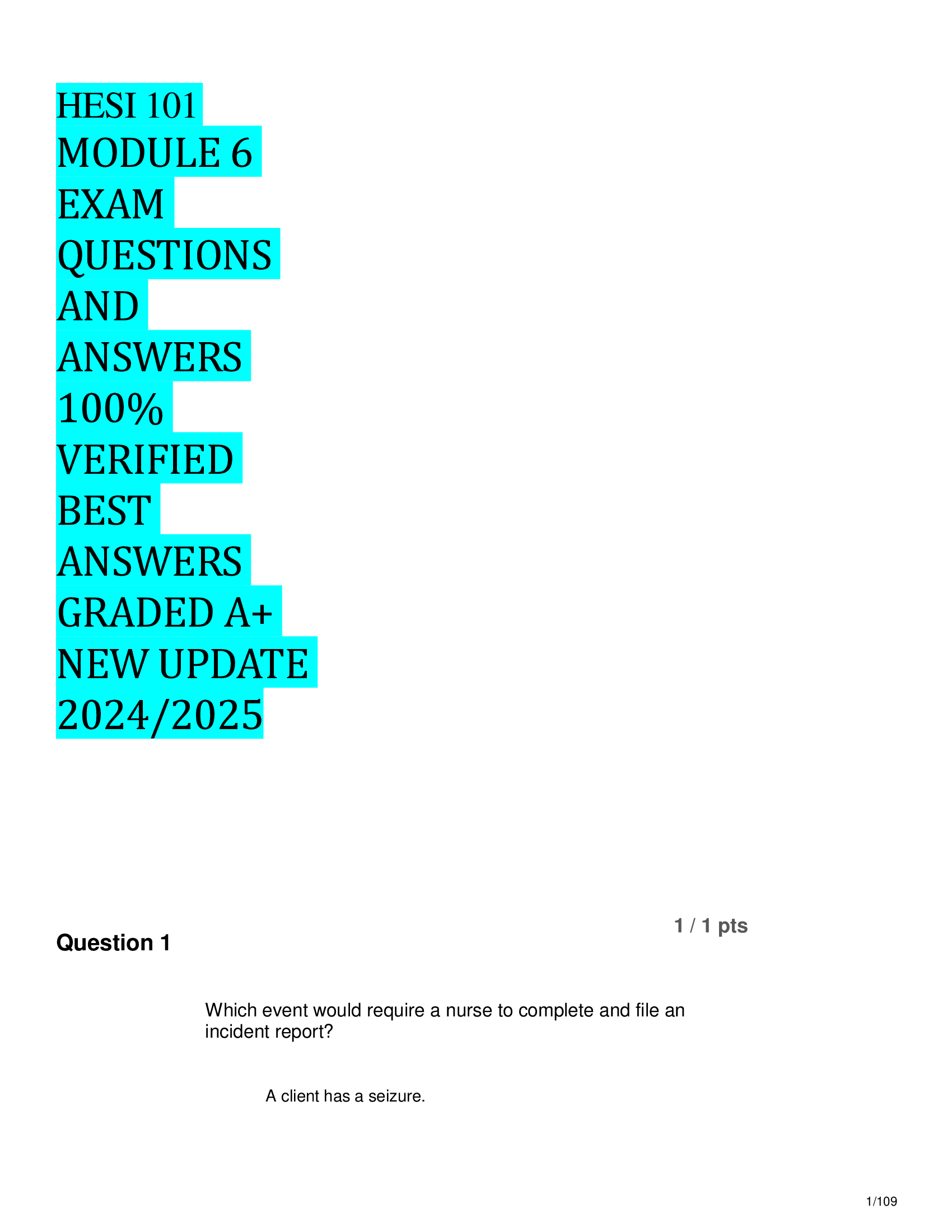 HESI 101 MODULE 6  EXAM  QUESTIONS  AND  ANSWERS  VERIFIED  BEST  ANSWERS  GRADED A  NEW UPDATE  20242026