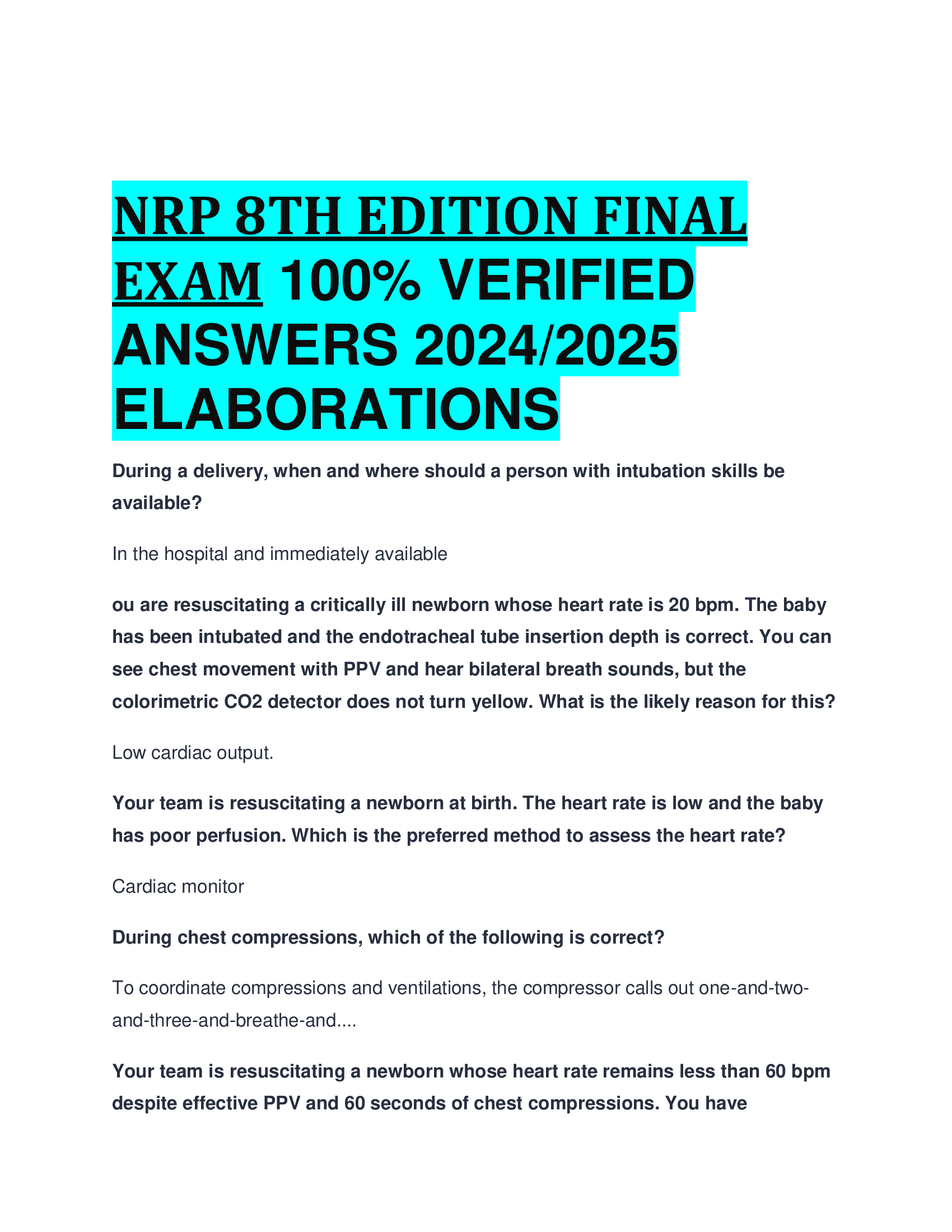 NRP 8TH EDITION FINAL EXAM VERIFIED  ANSWERS 20242026  ELABORATIONS