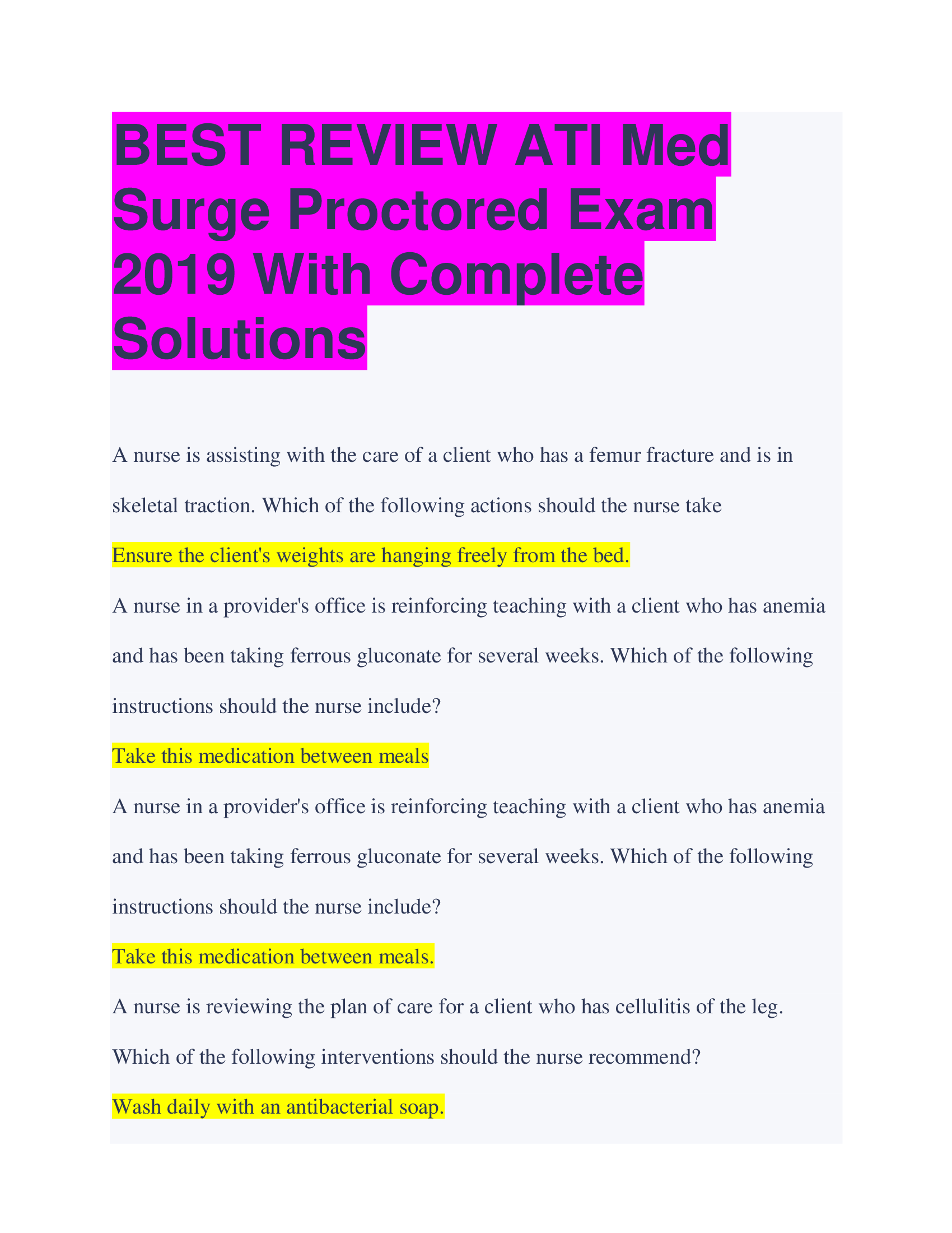 BEST REVIEW ATI Med  Surge Proctored Exam  2019 With Complete  Solutions