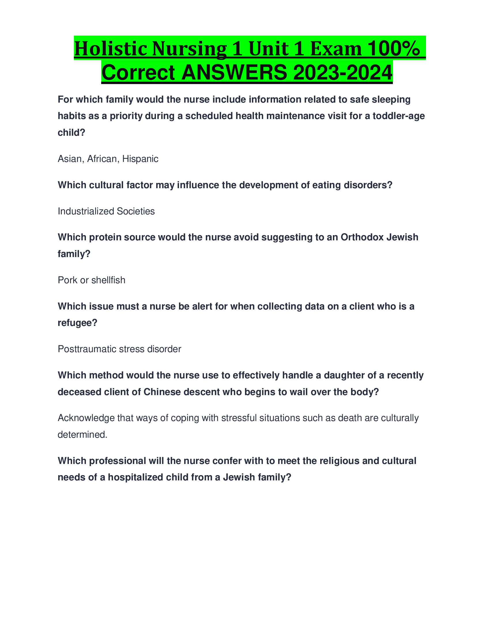 Holistic Nursing 1 Unit 1 Exam Correct ANSWERS 2023-2024