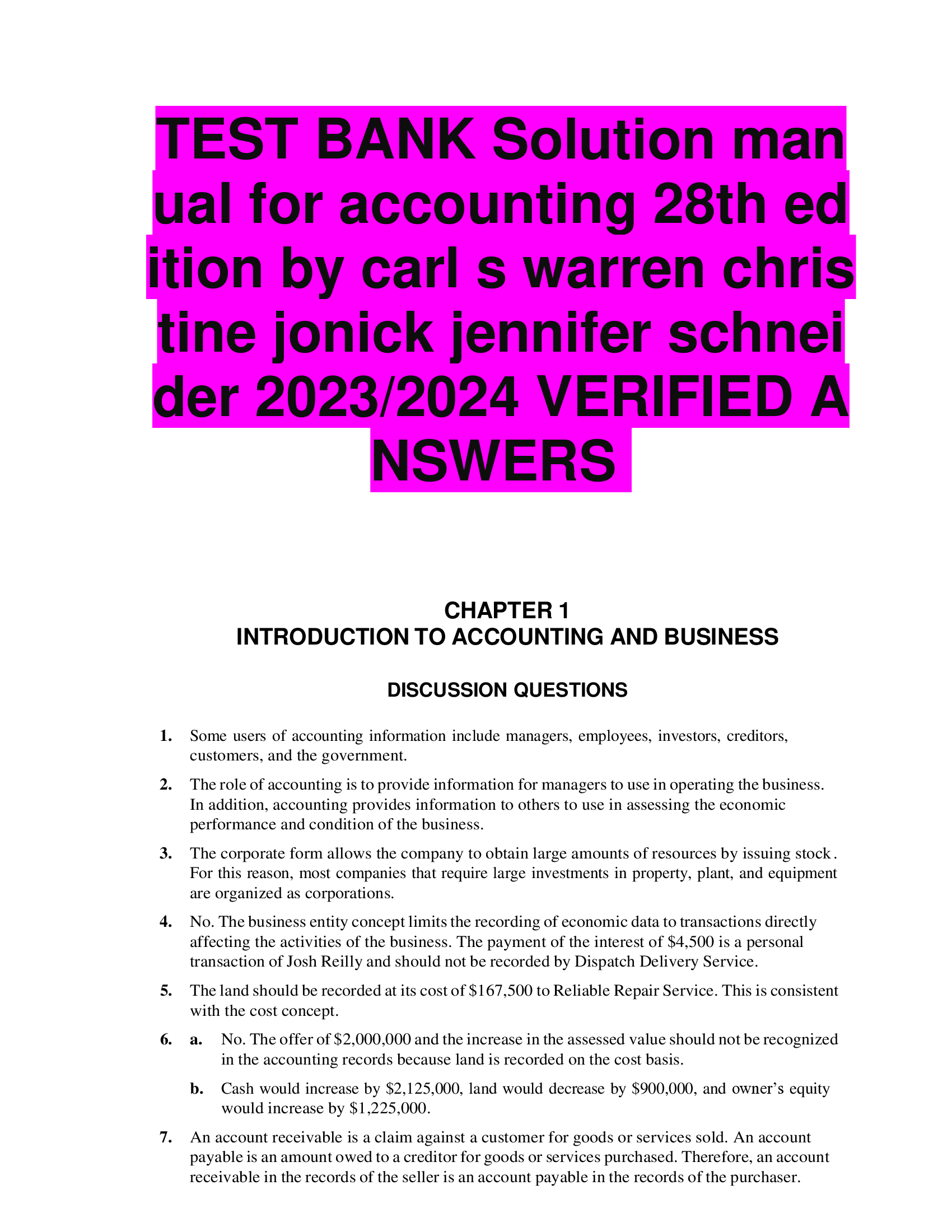 Test Bank + Solution manual for accounting 28th edition by carls warren christine jonick jennifer schneider | Verified Answers