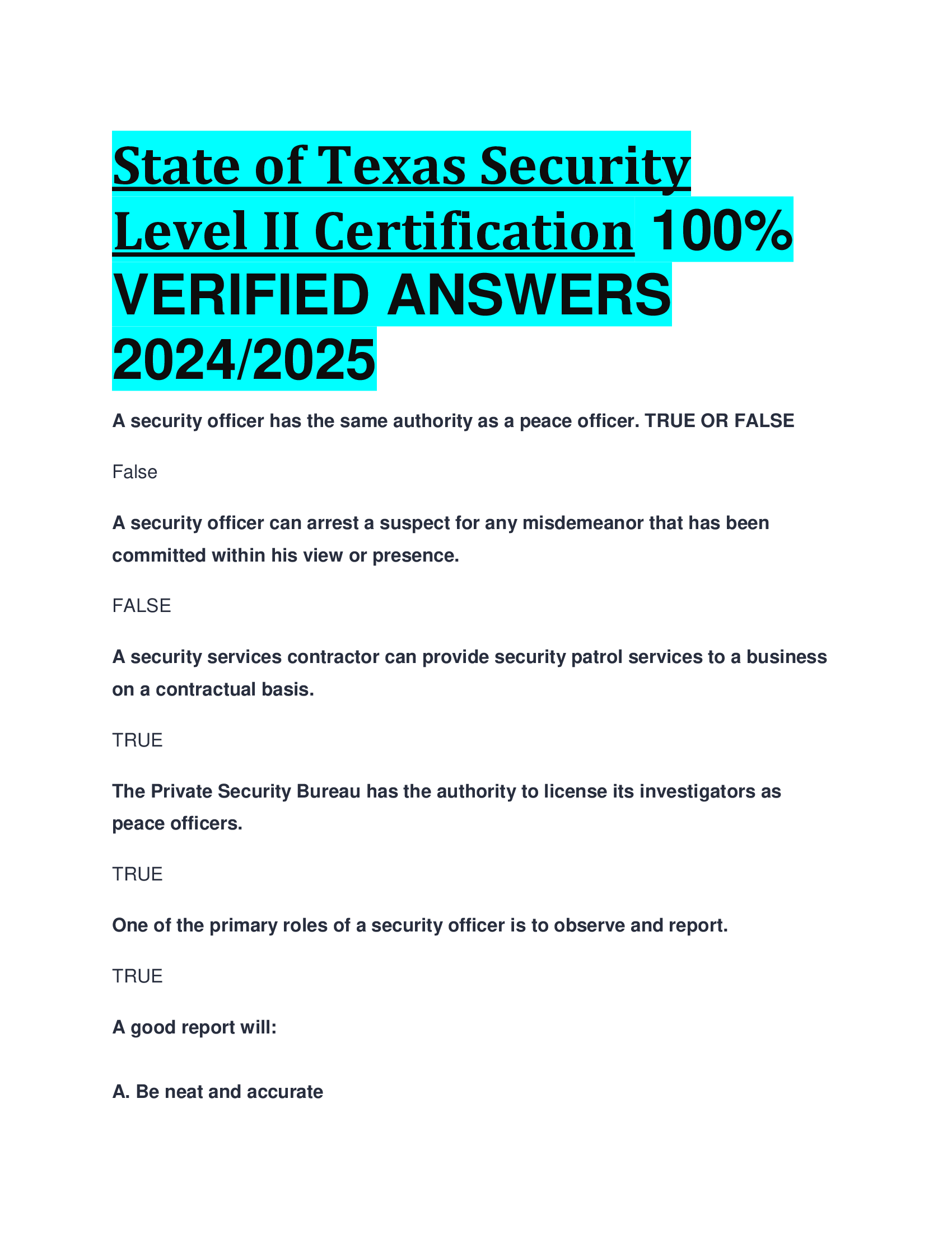 State of Texas Security Level II Certification  Exam with Verified Answers 2026