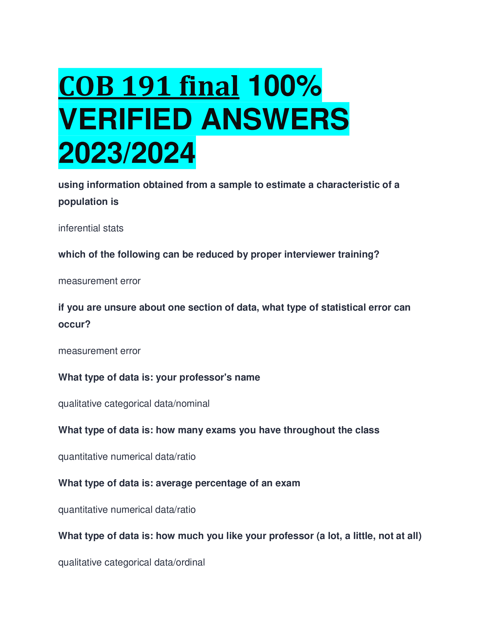 COB 191 final VERIFIED ANSWERS  2023,2024