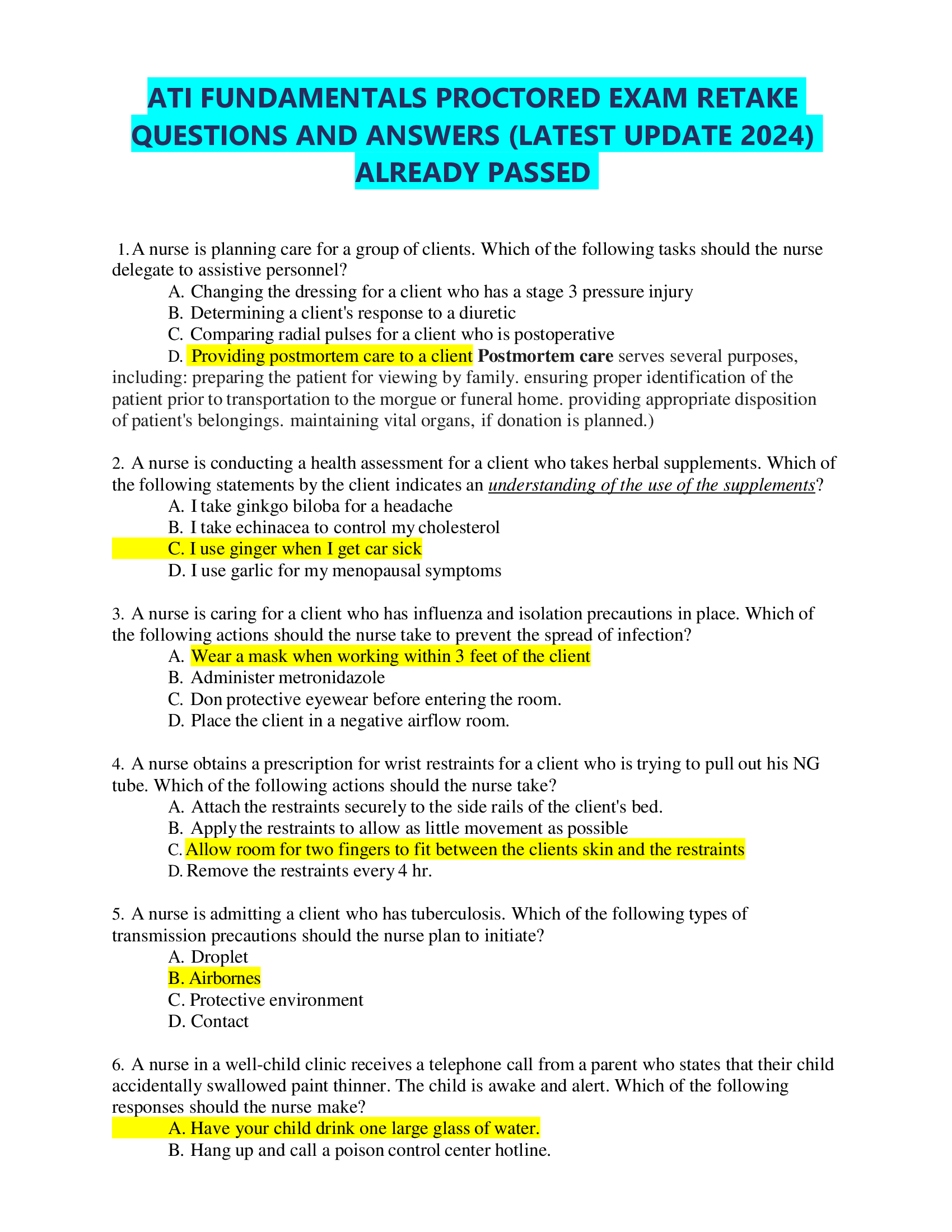 ATI FUNDAMENTALS PROCTORED EXAM RETAKE  QUESTIONS AND ANSWERS 2024  ALREADY PASSED